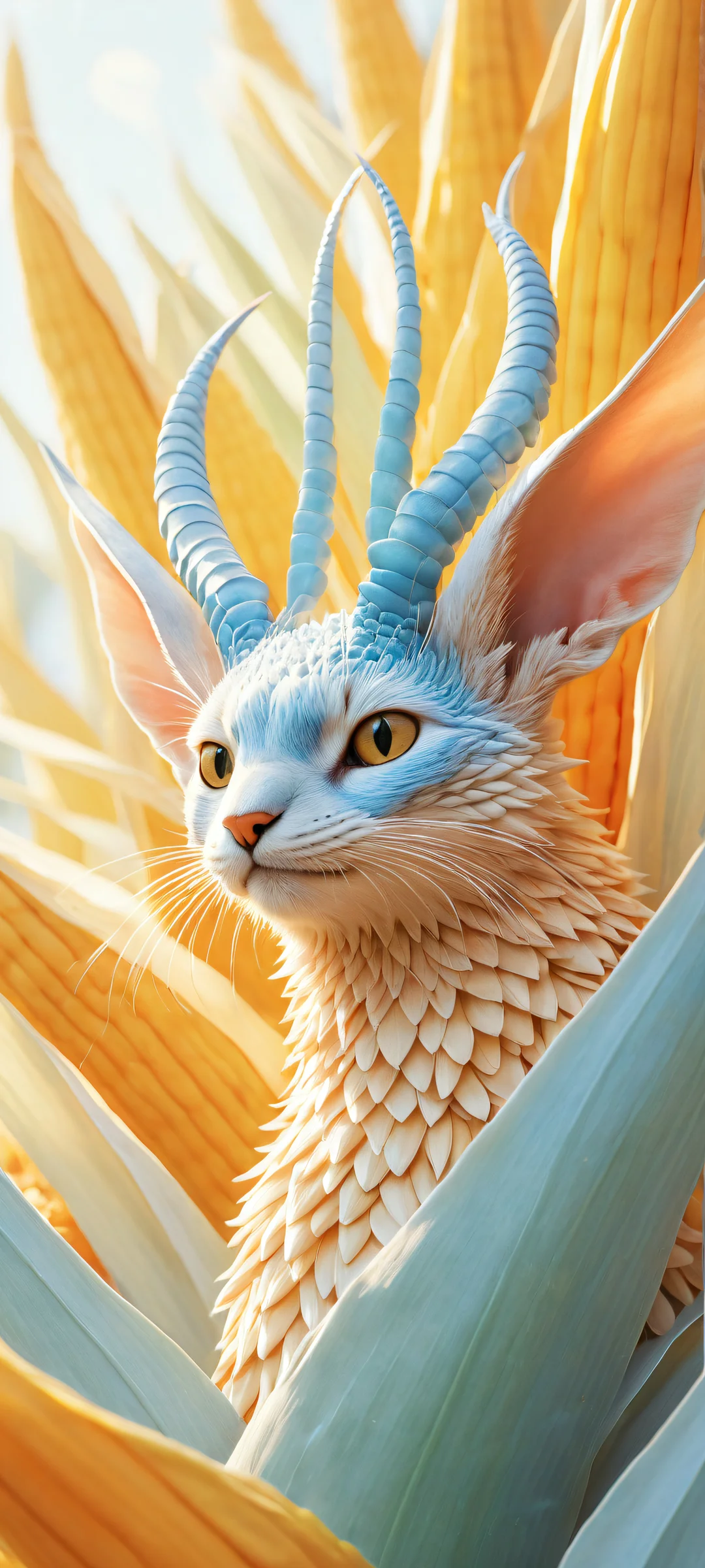Ethereal portrait of a majestic yalmyu creature adorned with oversized corn kuten, parfaitement optimisé pour les écrans d'accueil iPhone/Android.