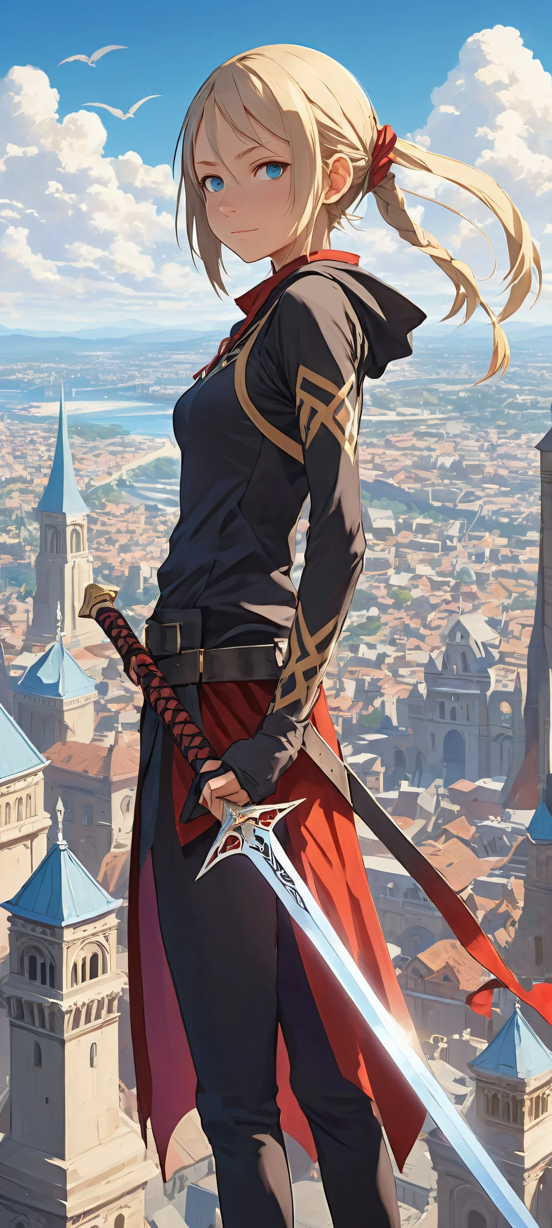 iPhone/Android exclusive artwork of Maka Albarn and her Soul Eater sword against a serene cityscape background, perfect for iOS or Android home screens.