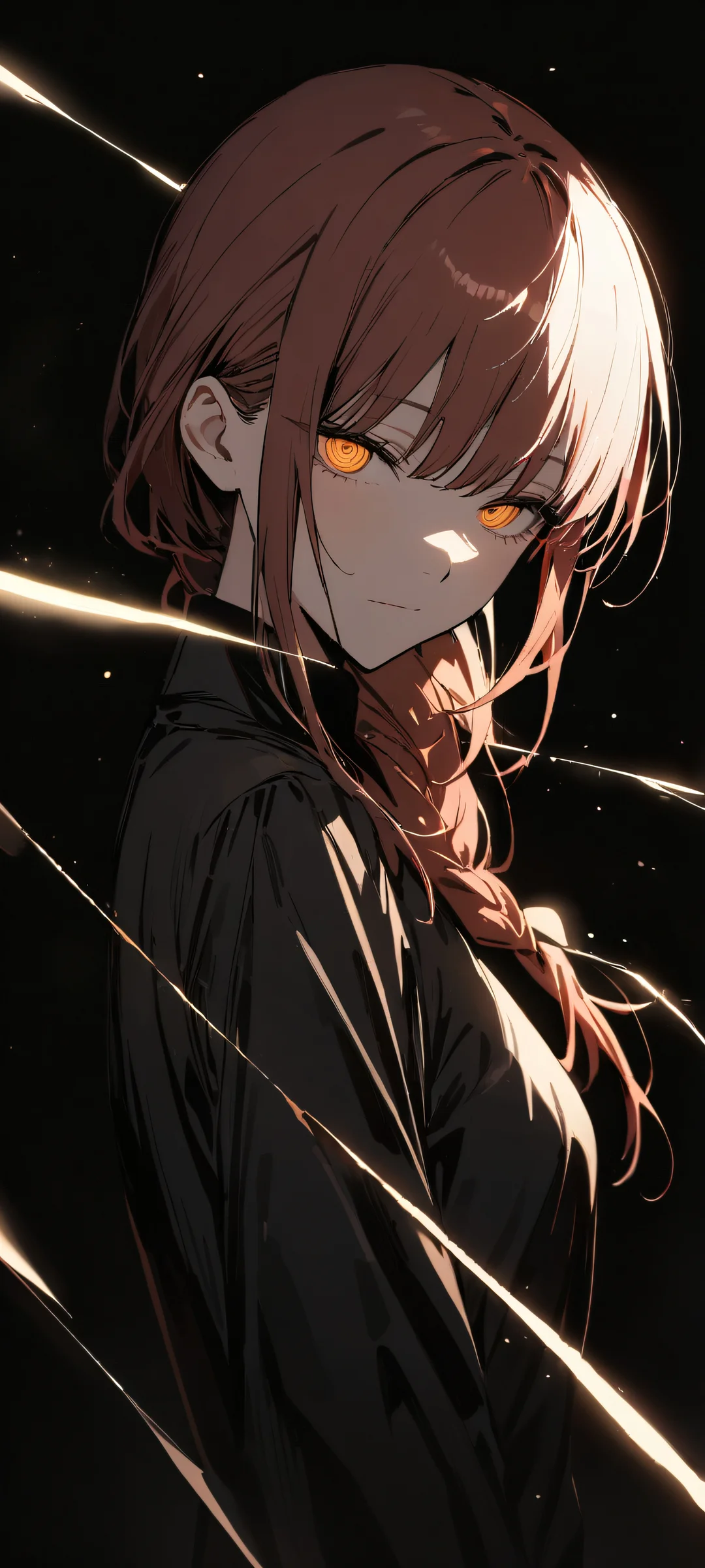 A stunning portrait of Makima from Chainsaw Man looking directly at the viewer on a clean and smooth black background with golden sparkles, parfaitement optimisé pour les écrans d'accueil iPhone/Android.