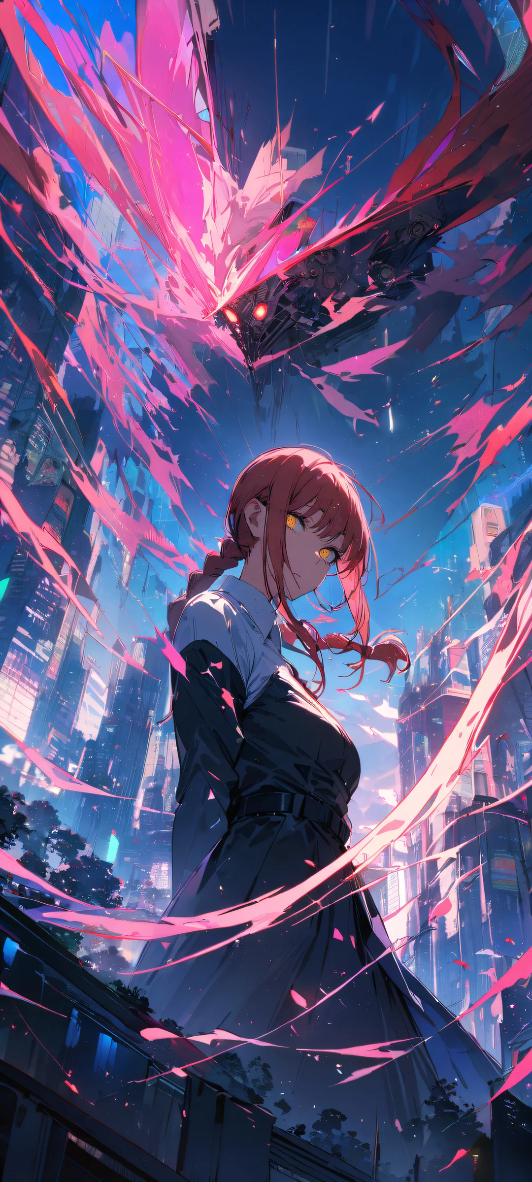 A stunning portrait of Makima from Chainsaw Man, gazing at the viewer on an iPhone/Android home screen, surrounded by a breathtaking cityscape with vibrant neon hues and ethereal lighting.
