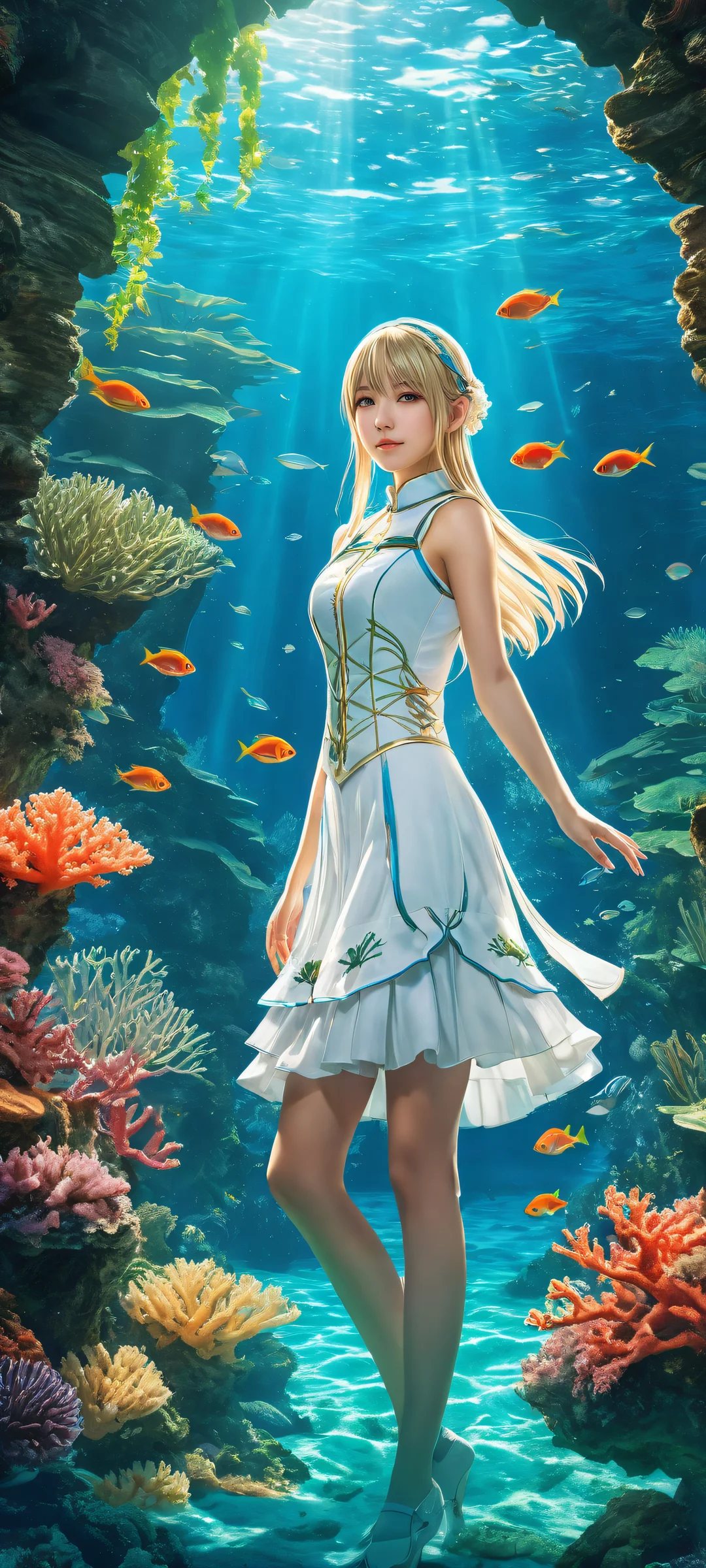 Beautiful portrait of Marie Rose in cosplay attire against an epic underwater backdrop, perfect for iPhone/Android home screens.