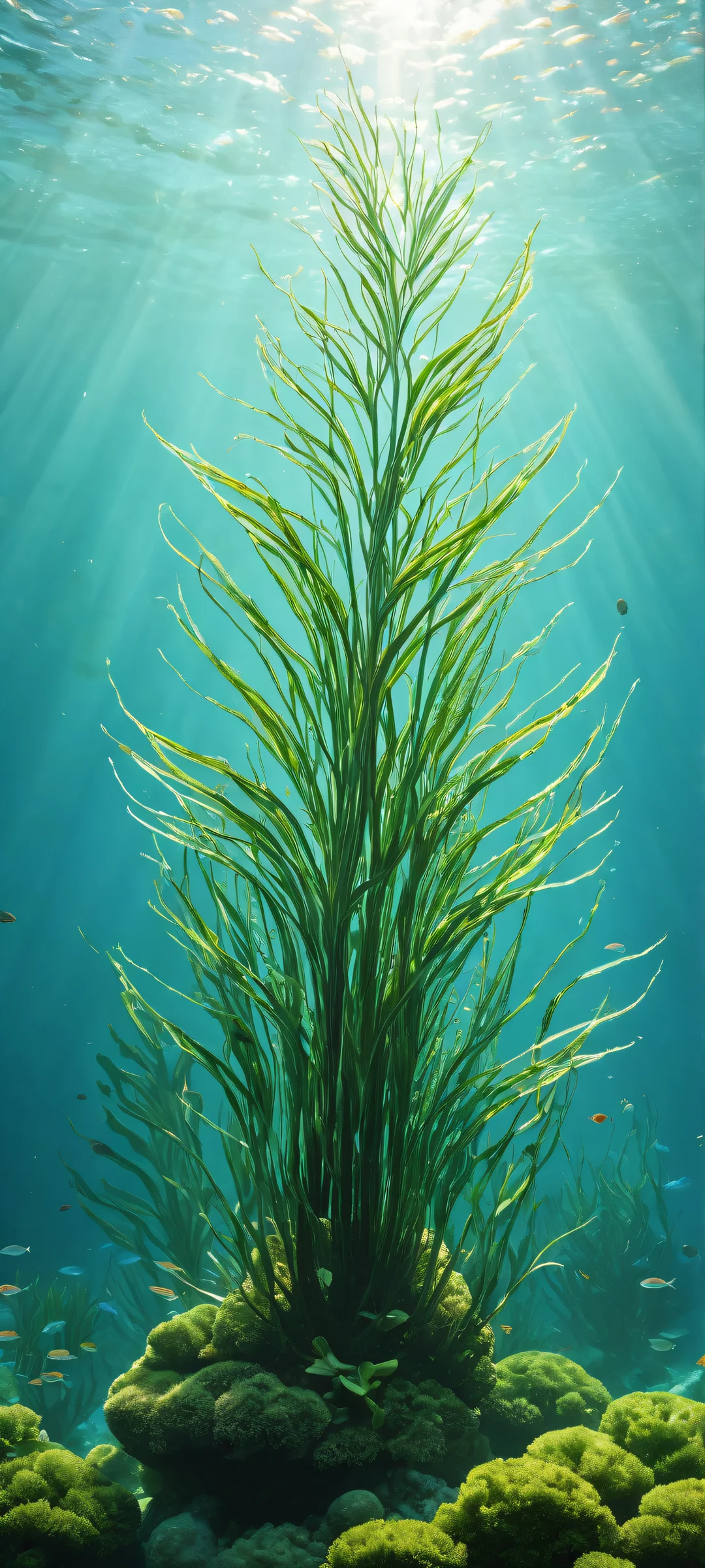 A breathtaking underwater portrait featuring Marimo and seaweed-like tendrils, perfectly optimized for iPhone/Android home screens.