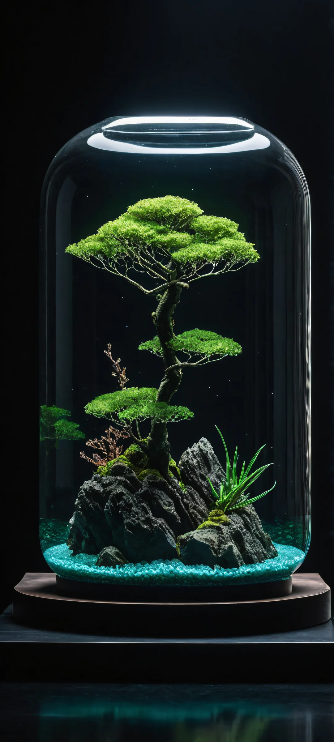 A serene underwater scene with Marimo placed in the lower-middle, featuring iPhone/Android compatible dark mode aesthetic.