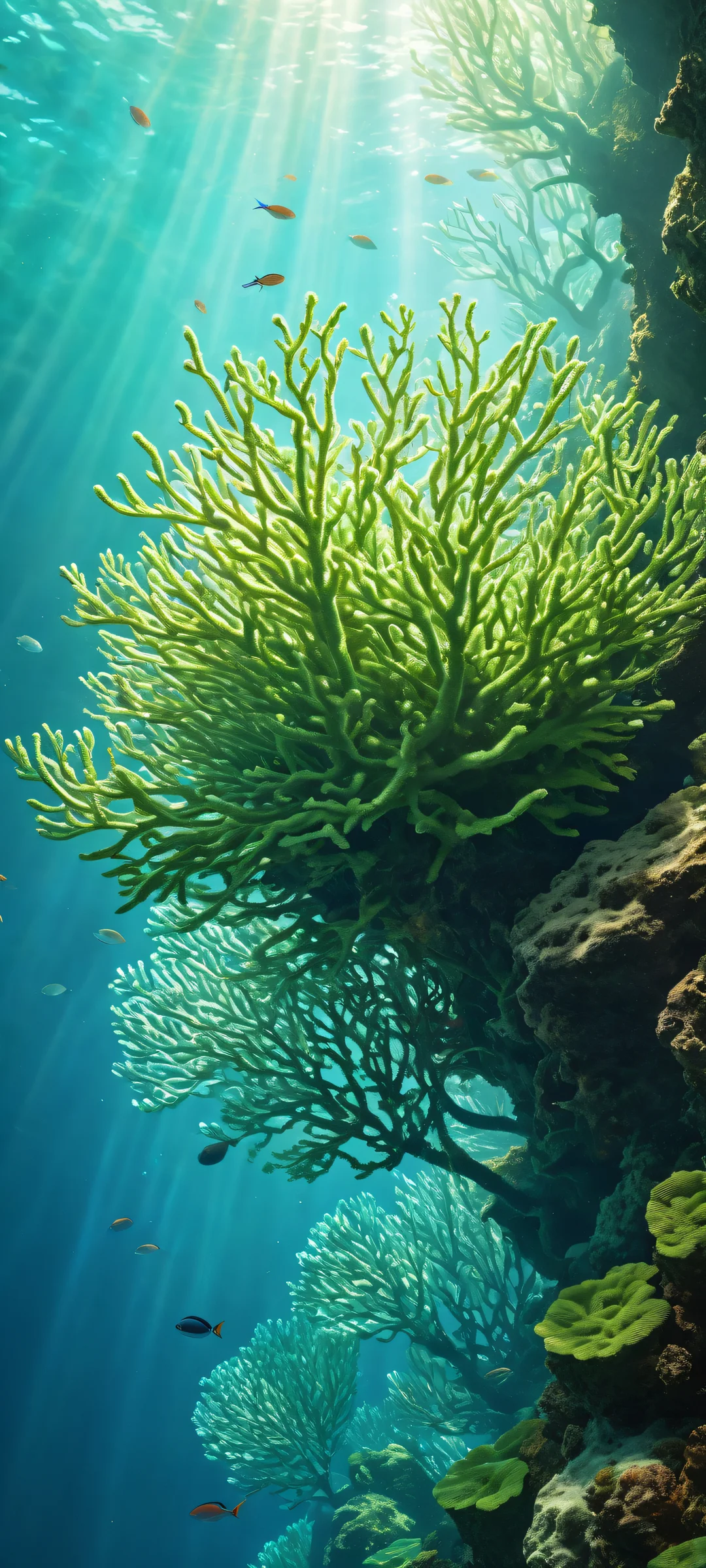 Ethereal Marimo portrait with textured seaweed and coral reef on an iPhone/Android device.