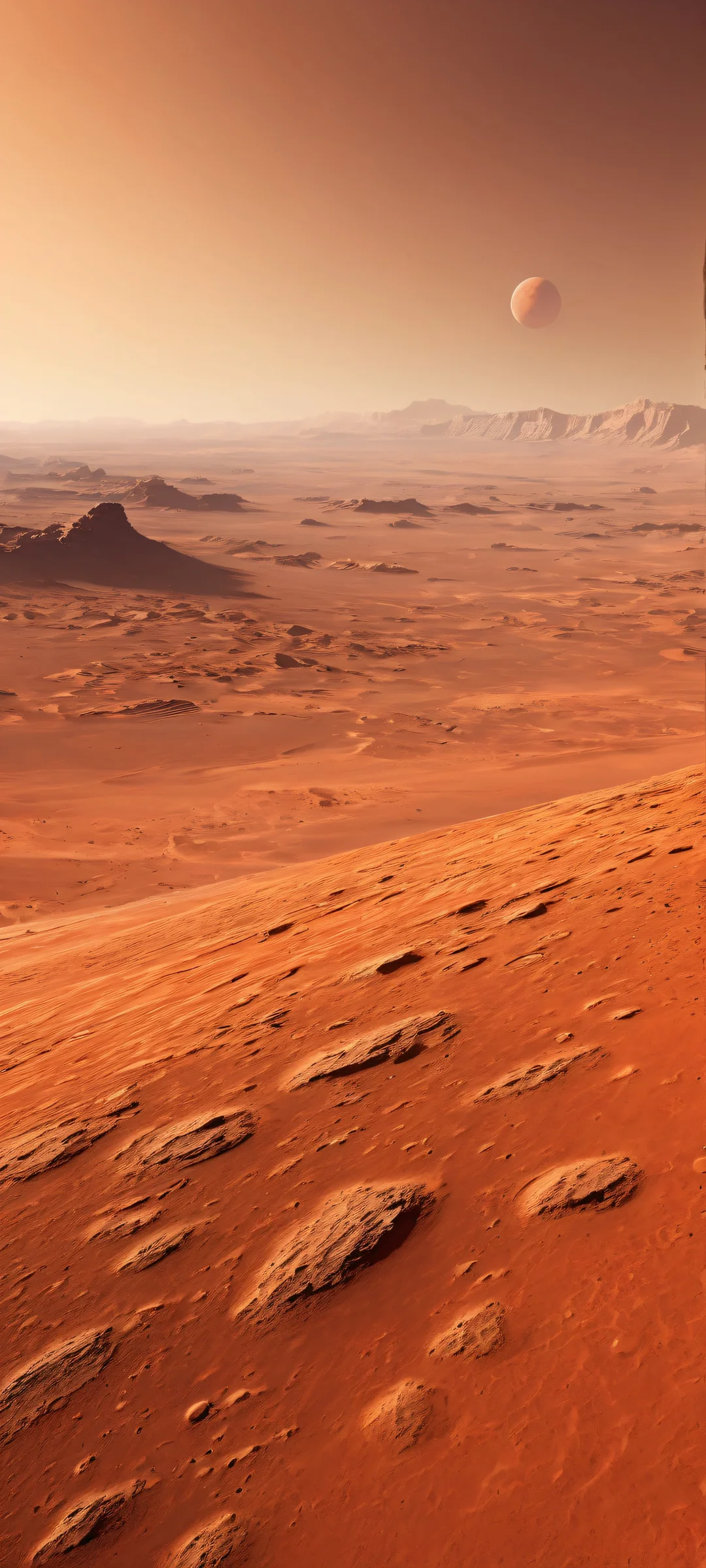 iPhone and Android compatible wallpaper featuring Mars' majestic landscape with intricate details and ethereal lighting.
