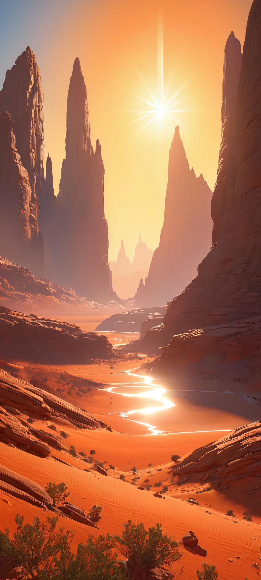 iPhone/Android wallpaper featuring a stunning Martian landscape with ancient ruins and micro-details, set against a summer backdrop of dense vegetation and intense sunlight.