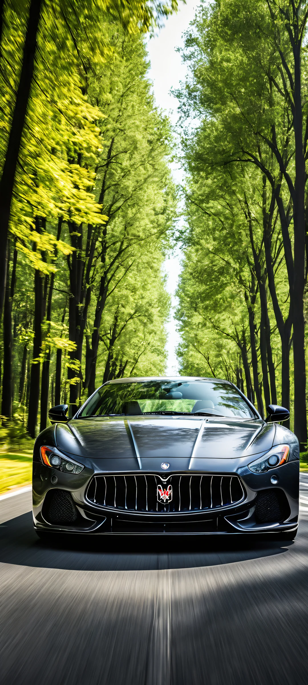 A breathtaking digital artwork featuring a Maserati GT3 against a serene natural backdrop, perfectly optimized for iPhone and Android home screens.