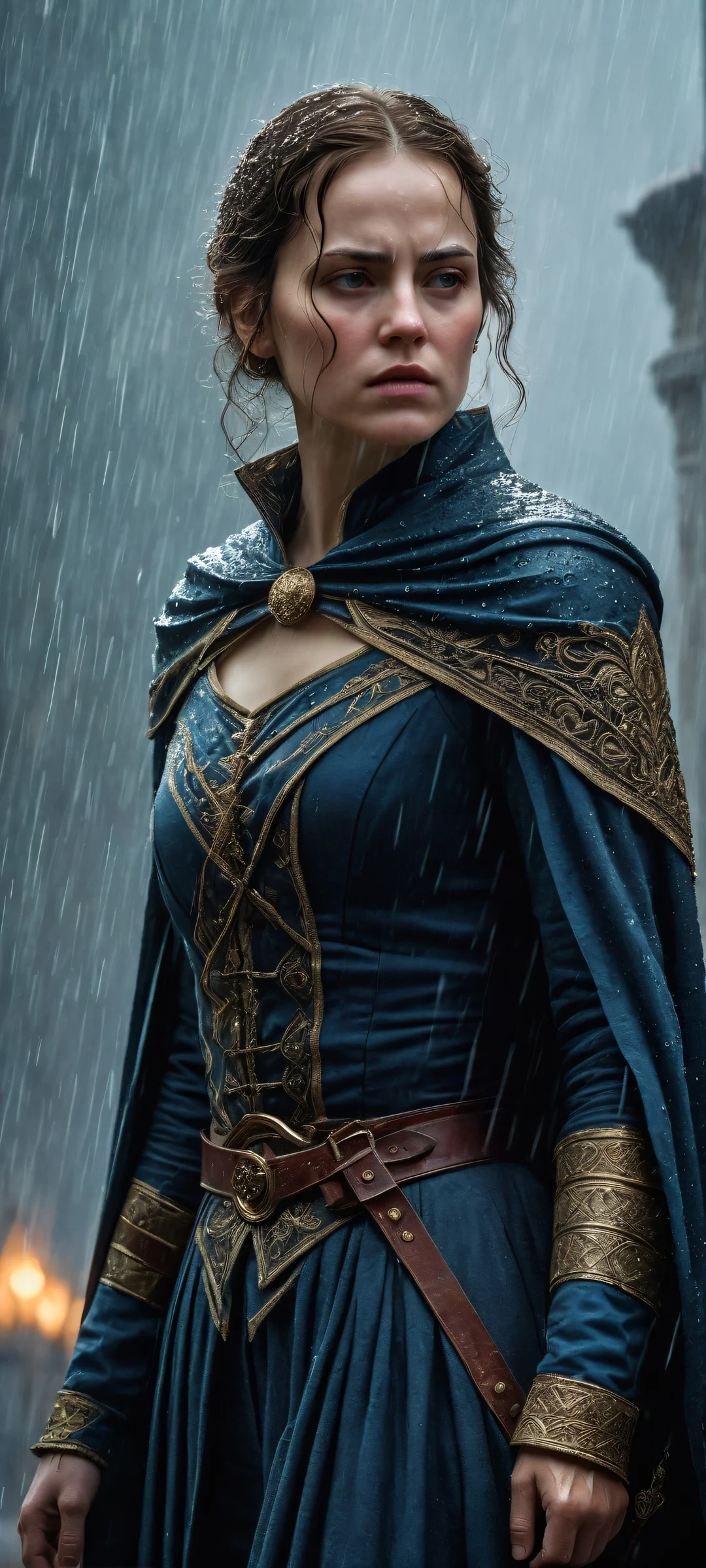 A sorrowful masked heroine with a rapier and cape against the backdrop of rain on an iPhone or Android phone.