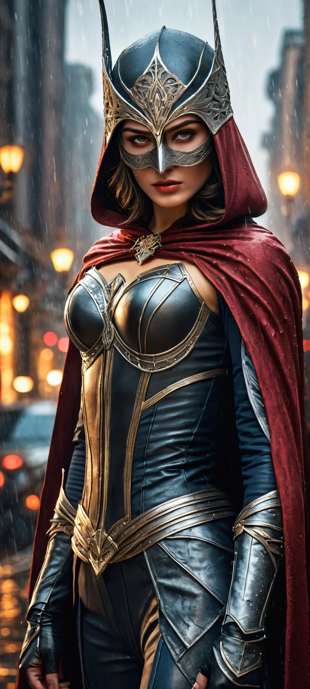 A masked heroine with intricate details on her breasts, resting her hand on her rapier in the scabbard, set against a rainy cityscape, perfekt optimiert für iPhone- und Android-Startbildschirme.