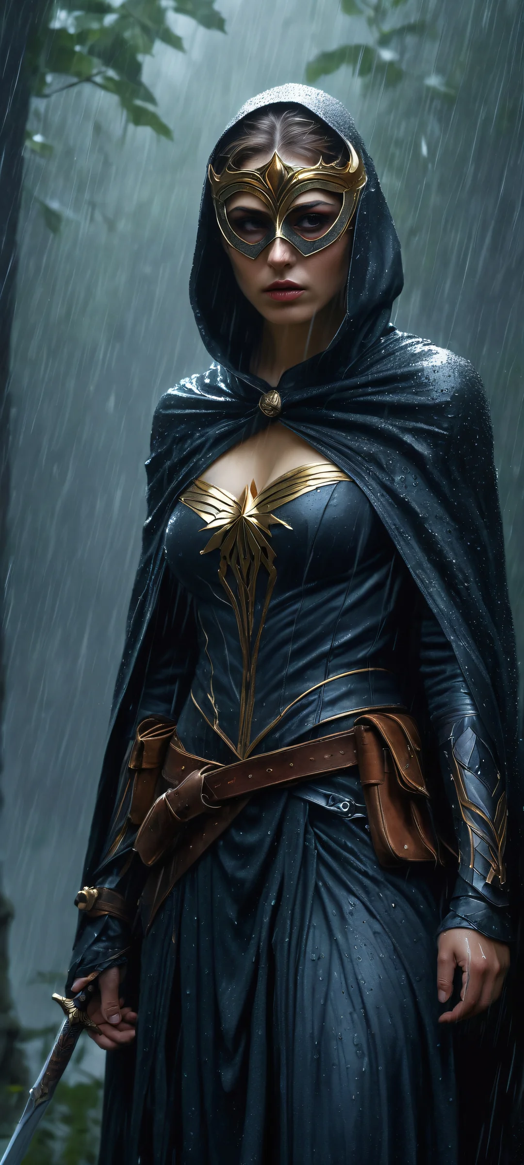 A majestic masked heroine stands alone in a misty rain-soaked atmosphere, perfectly optimized for iPhone/Android home screens.