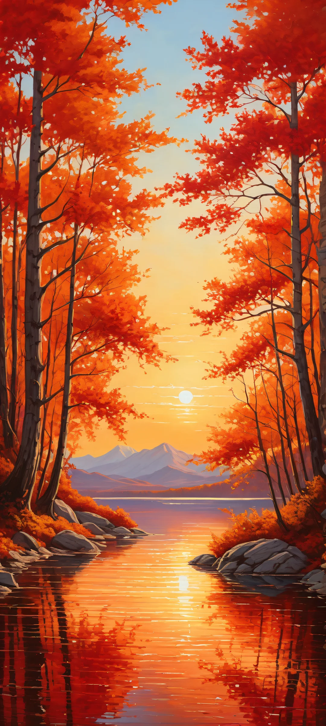 Ethereal landscape of Massive Salt Lake on iPhone/Android with vibrant red and orange foliage, ホーム画面に完全に最適化.