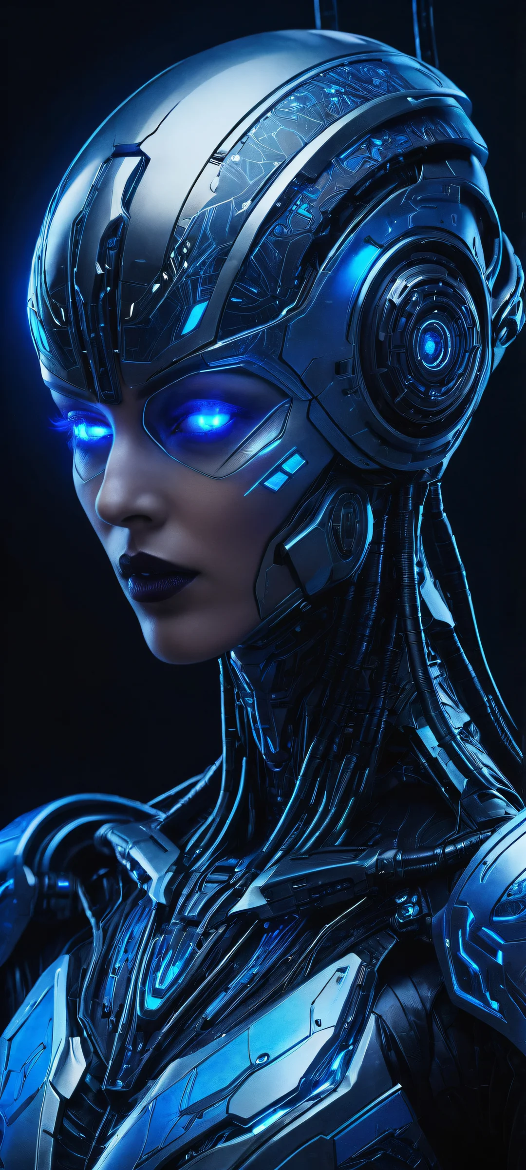 A futuristic mech stands out against a dark void, lit by glowing blue circuits and LED lights, perfectly optimized for iPhone/Android.