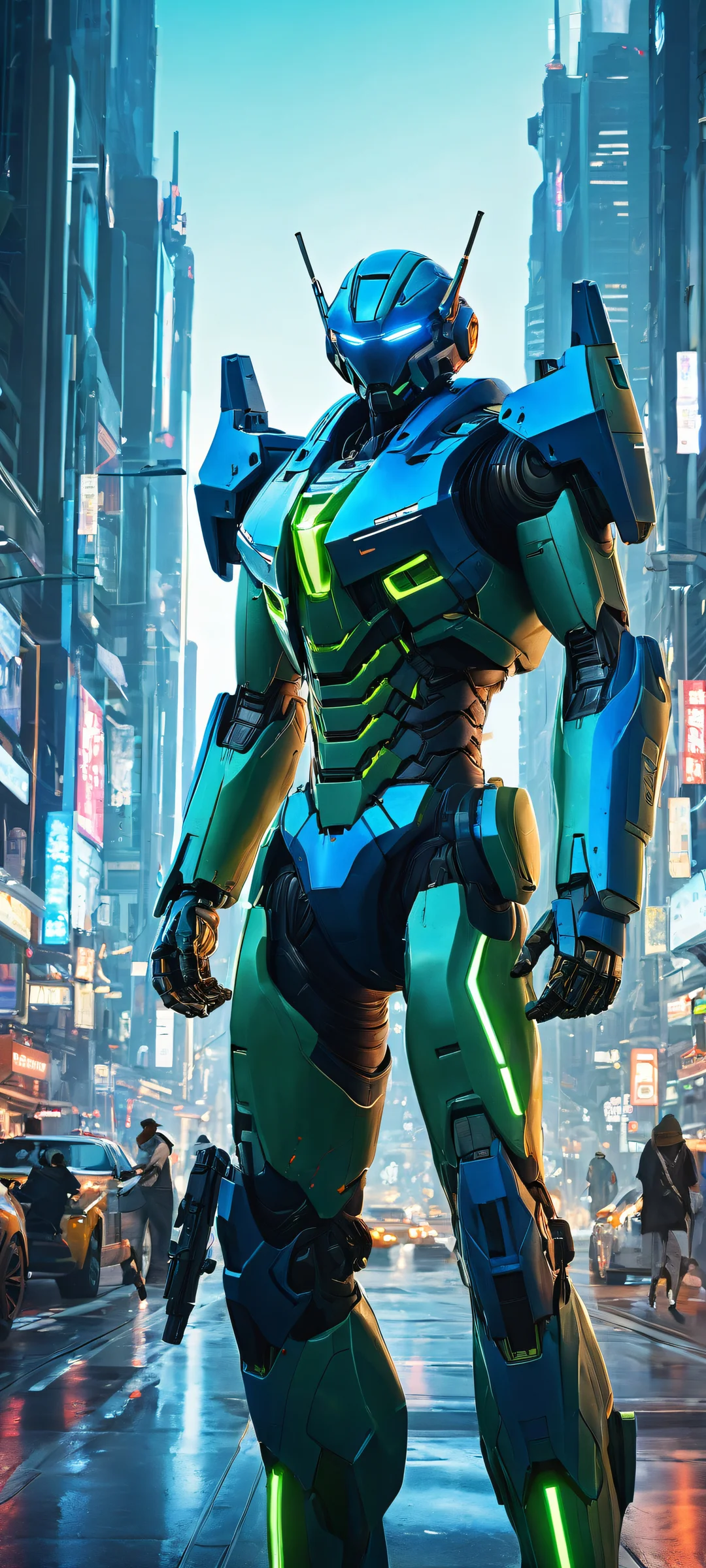 Anime-inspired mech in a futuristic cityscape for iPhone/Android