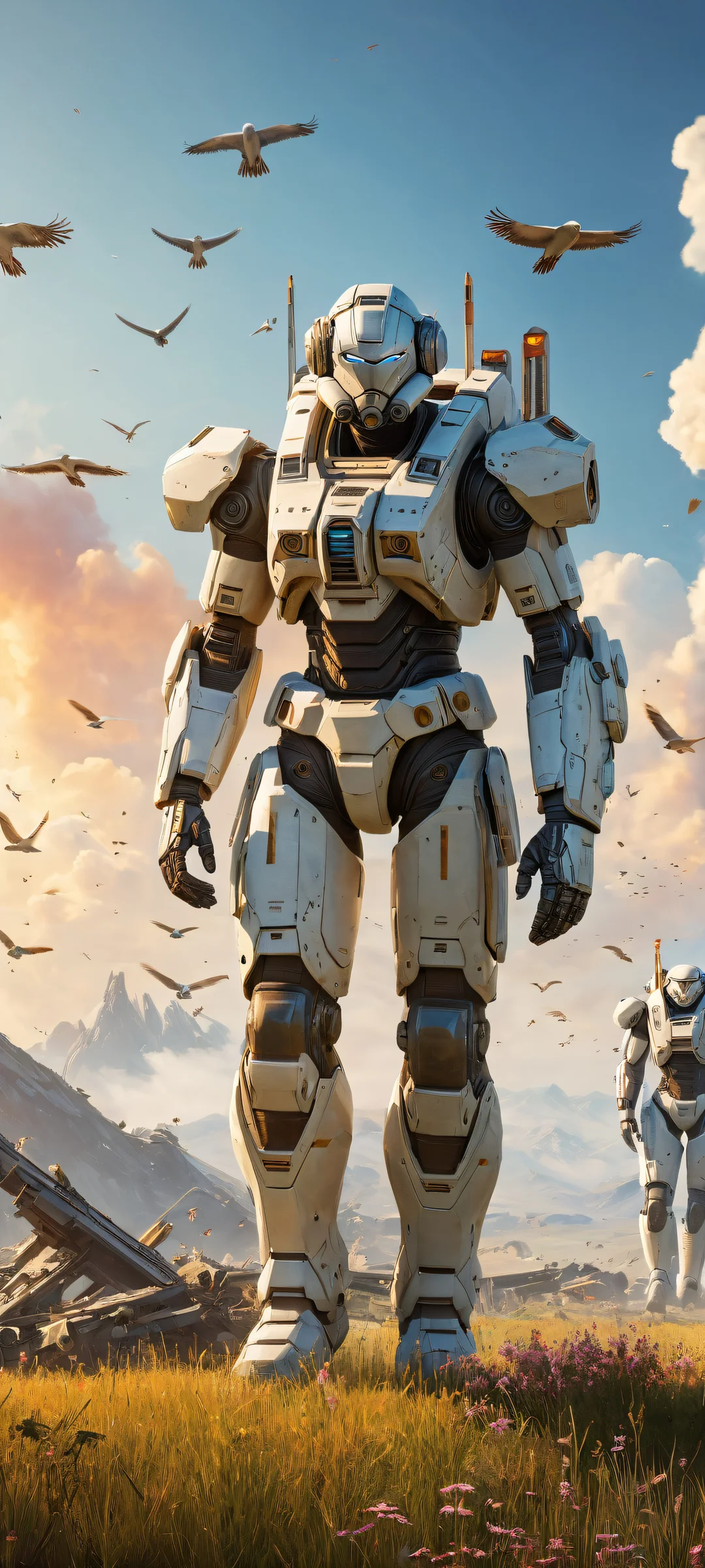 Mech Suit Sanctuary QHD Smartphone Background iPhone/Android users, immerse yourself in this breathtaking digital artwork featuring mech suits standing amidst wreckage against a serene 8k resolution sky backdrop.