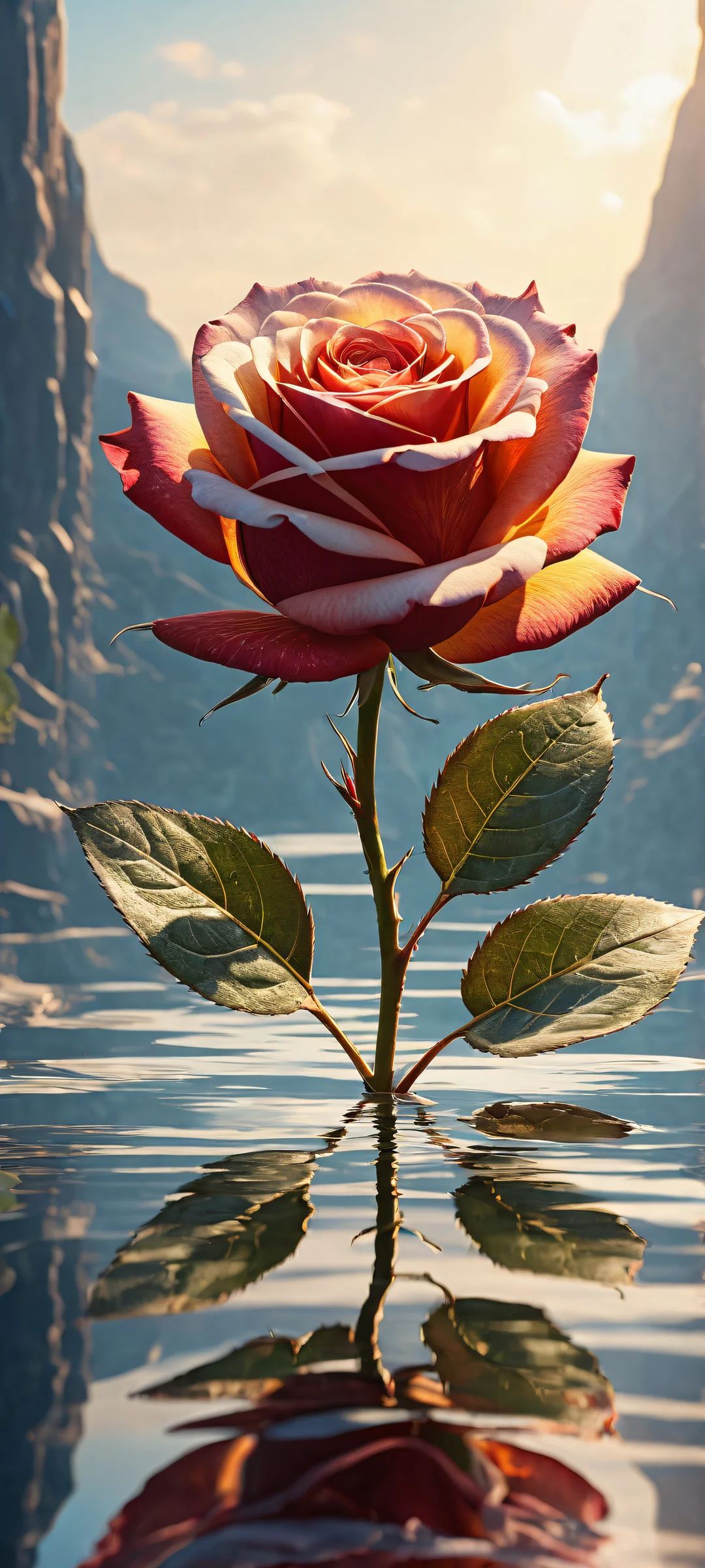 A beautifully crafted mechanical rose on a pure void background with ray traced reflections, perfecto para pantallas de inicio de iPhone/Android.
