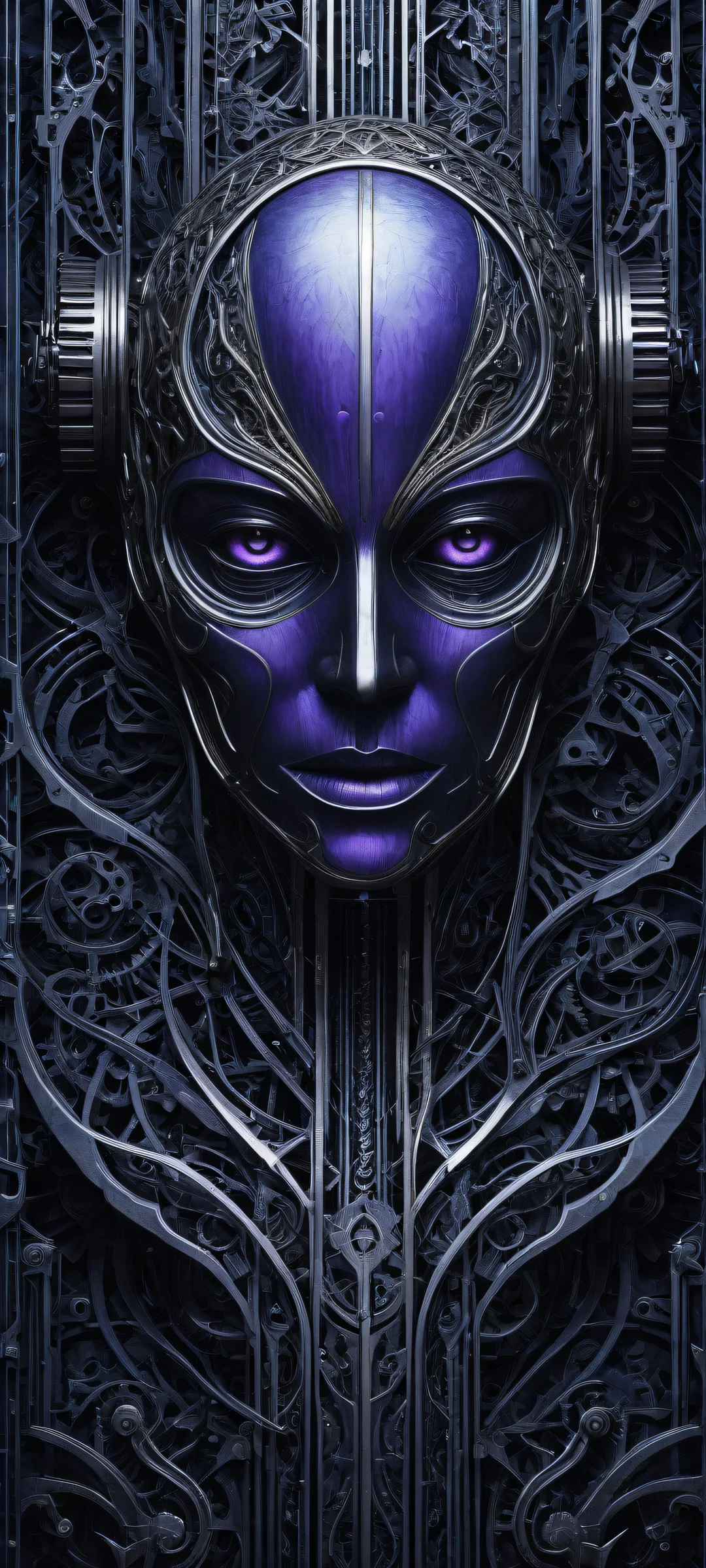 A surreal mechanical entity on a dark background with iPhone/Android, perfect for your phone's home screen.