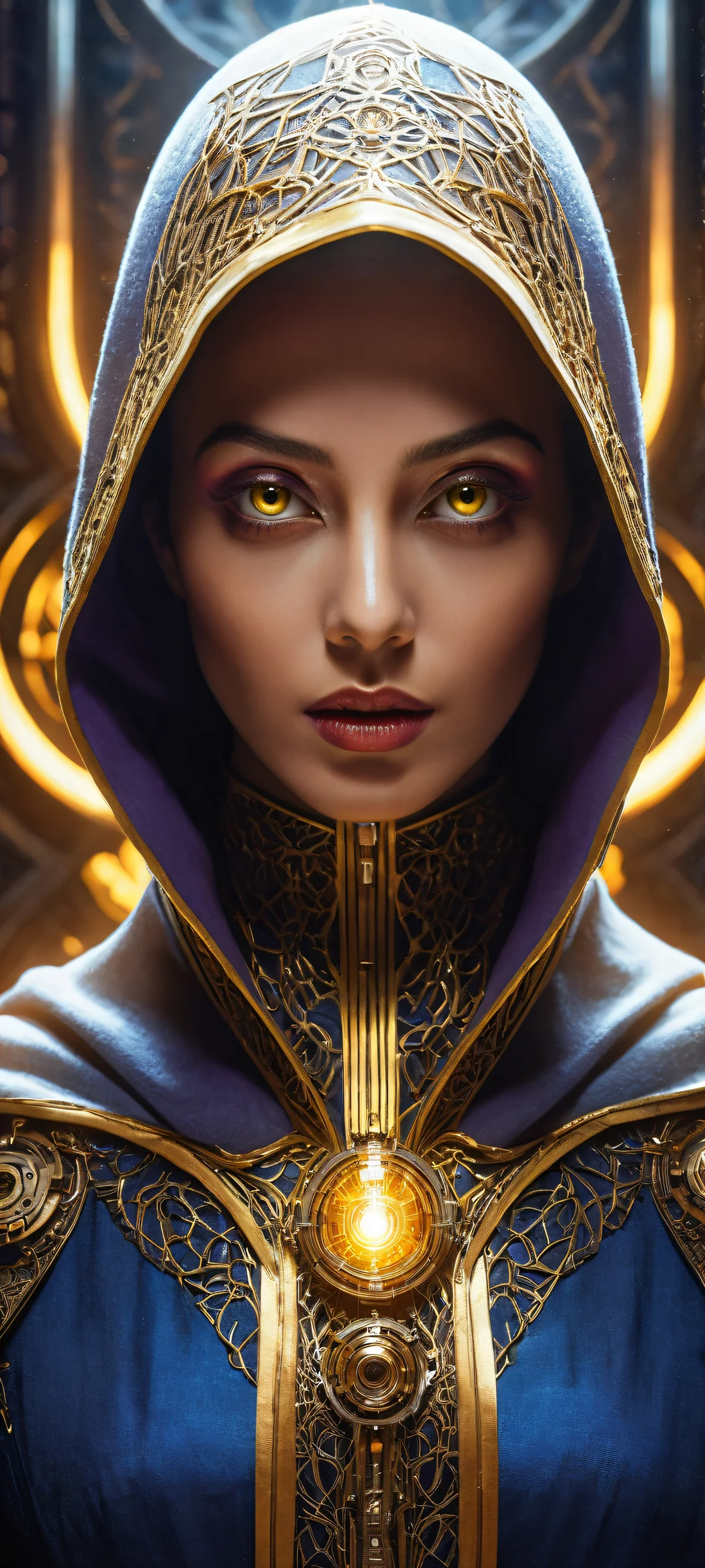 A mysterious figure with intricate mechanical details and a radiant yellow eye staring into the distance, perfekt für iPhone/Android-Startbildschirme.