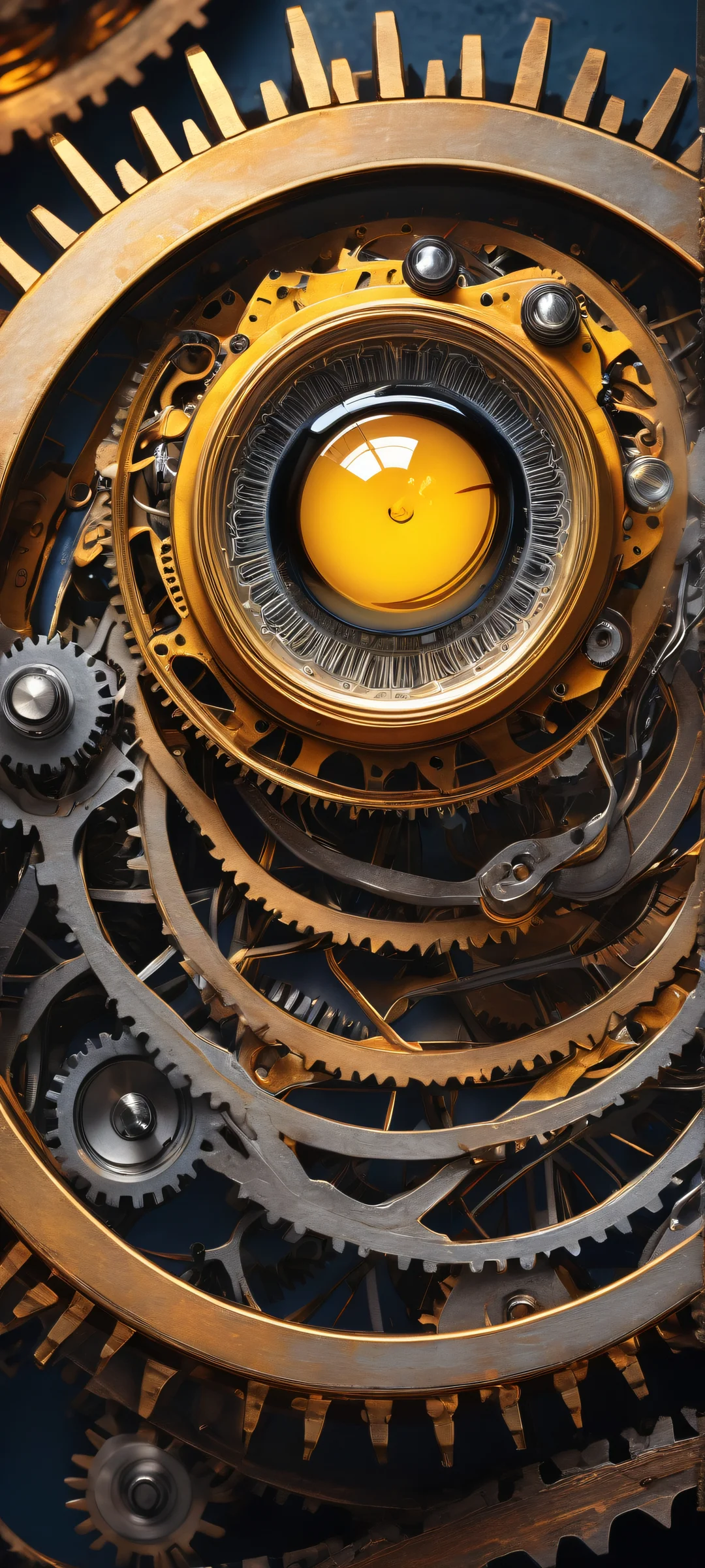 A breathtaking vertical portrait artwork of a mechanical eye, iPhone/Androidのホーム画面に最適, with intricate details and ethereal lighting.