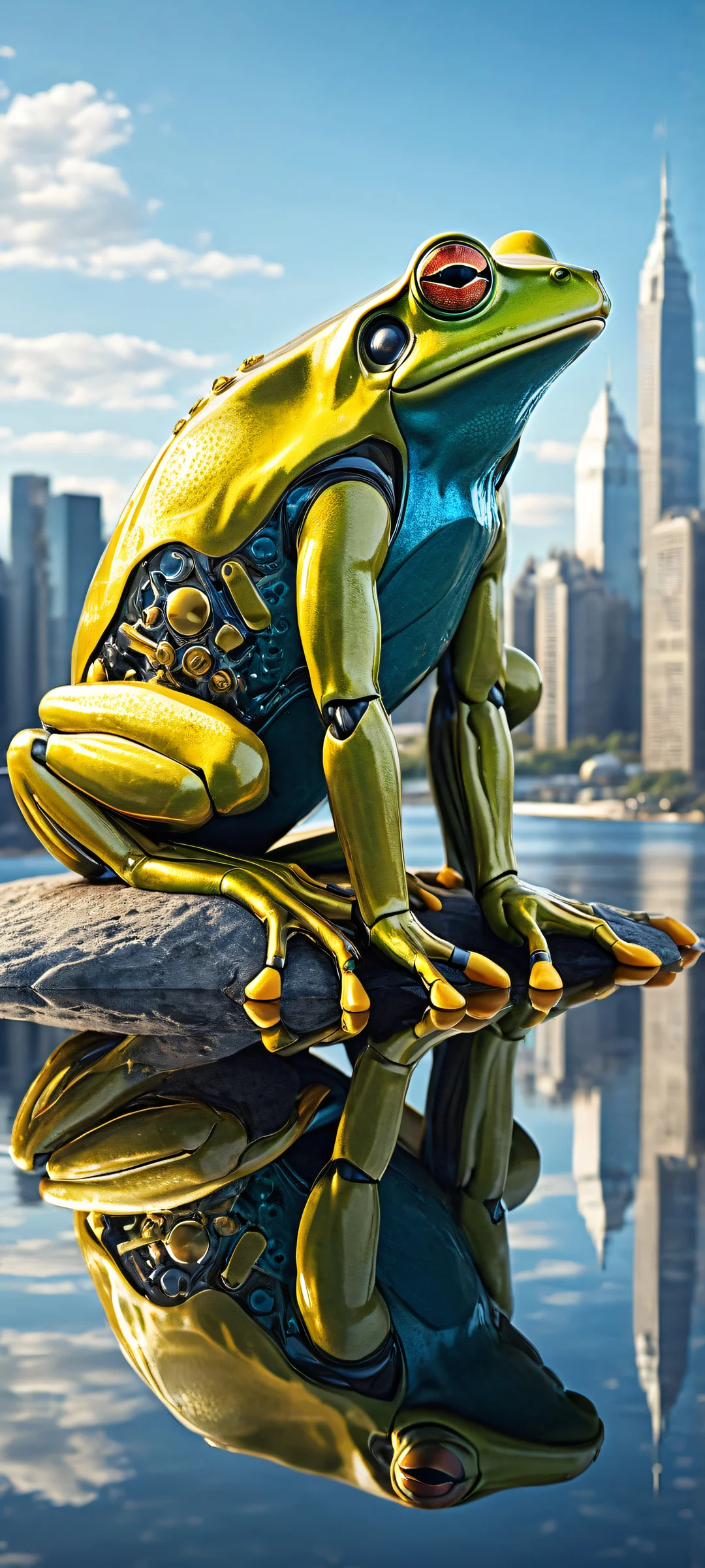 A mechanical frog sits on a city skyline background with iPhone/Android