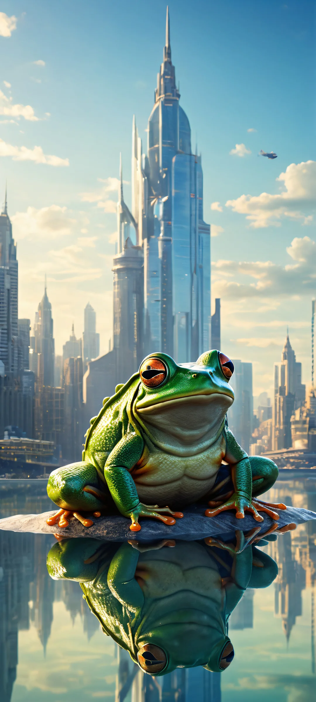 Ethereal Harmony 2K QHD Home Screenperfeitamente otimizado para telas iniciais de iPhone/Android A mechanical frog in a serene urban setting with children fishing, perfectly optimized for iPhone/Android home screens.