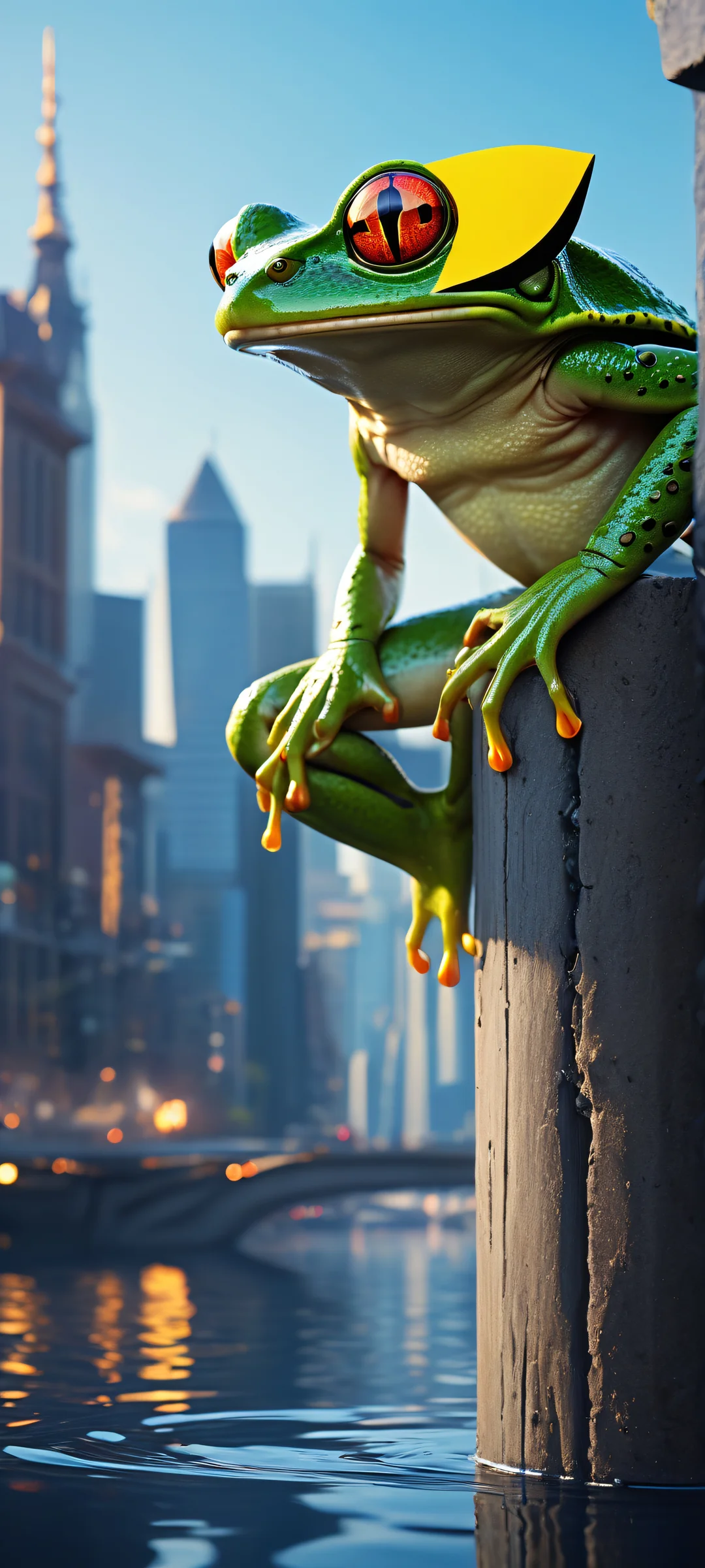 Mechanical Frog Cityscape 2K Mobile Backgroundparfaitement optimisé pour les écrans d'accueil mobiles A mechanical frog sits amidst a stunning city skyline on iPhone or Android - perfectly optimized for mobile home screens.