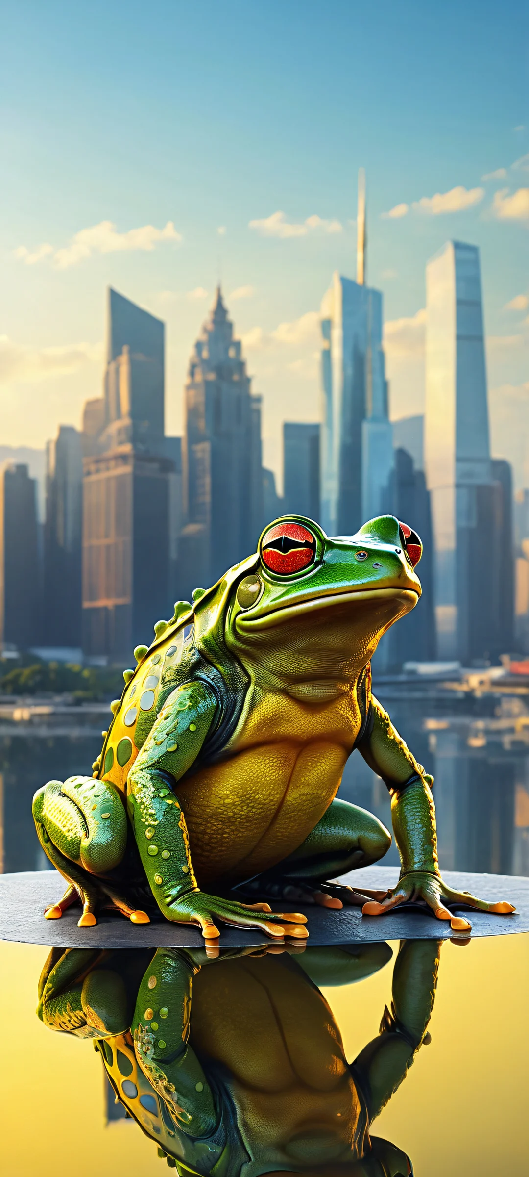 A mechanical frog perched in a city skyline on an iPhone/Android device.