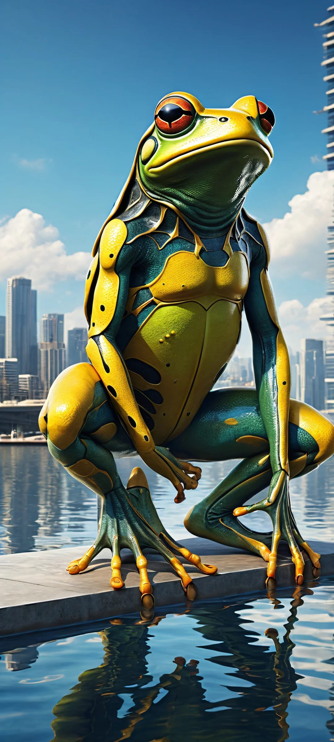 A mechanical frog proudly placed on a wooden post at the water's edge, with a modern city skyline below and a cloudy sky above. Perfectly optimized for iPhone/Android home screens.