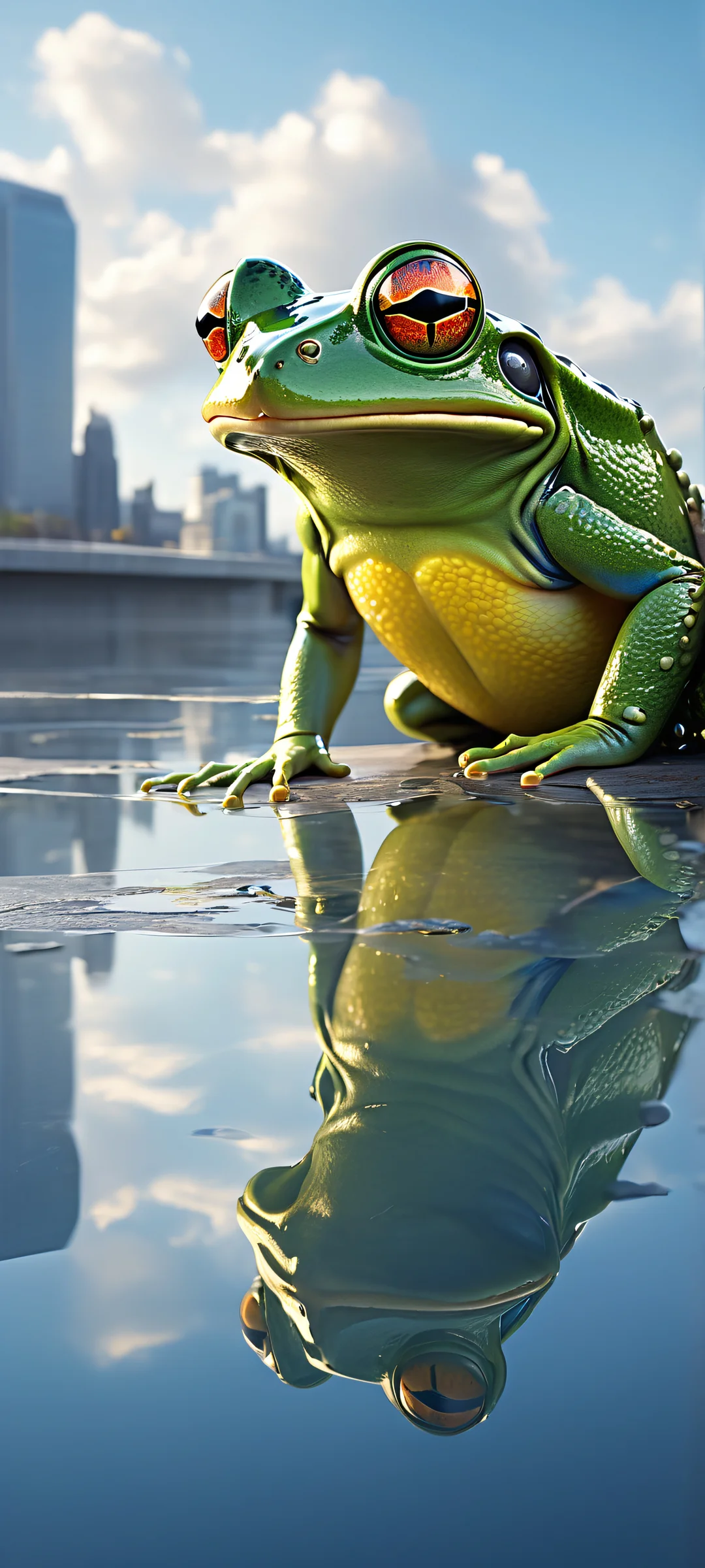 iPhone/Android users will love this breathtaking vertical portrait artwork of a mechanical frog, set against a serene urban backdrop with a cloudy sky and reflections on the water.
