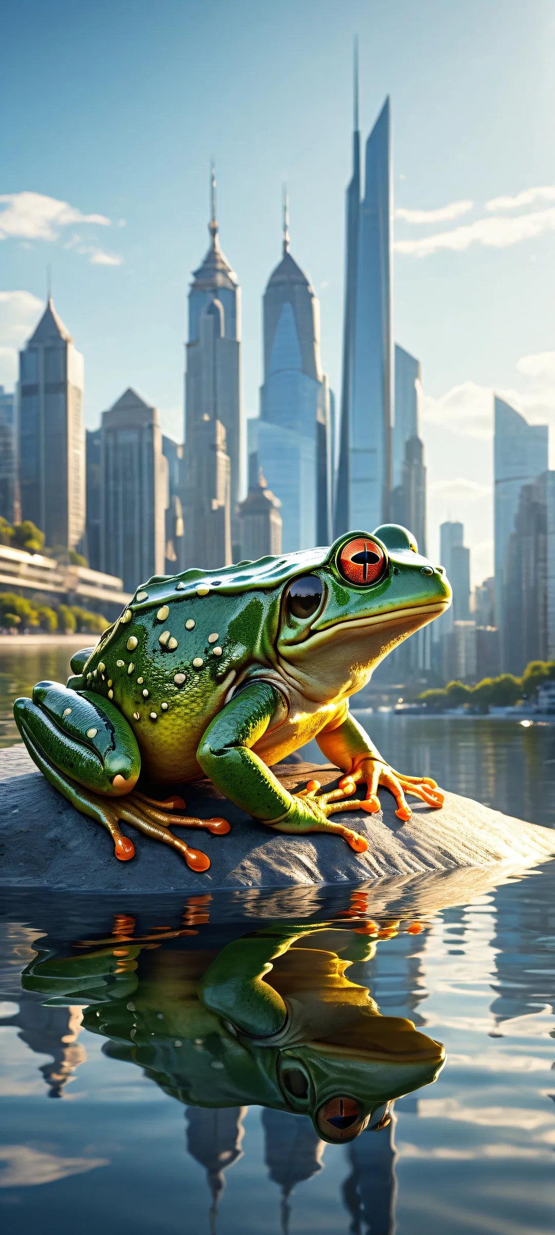 A mechanical frog surrounded by water reflections and a city skyline, optimized for iPhone/Android
