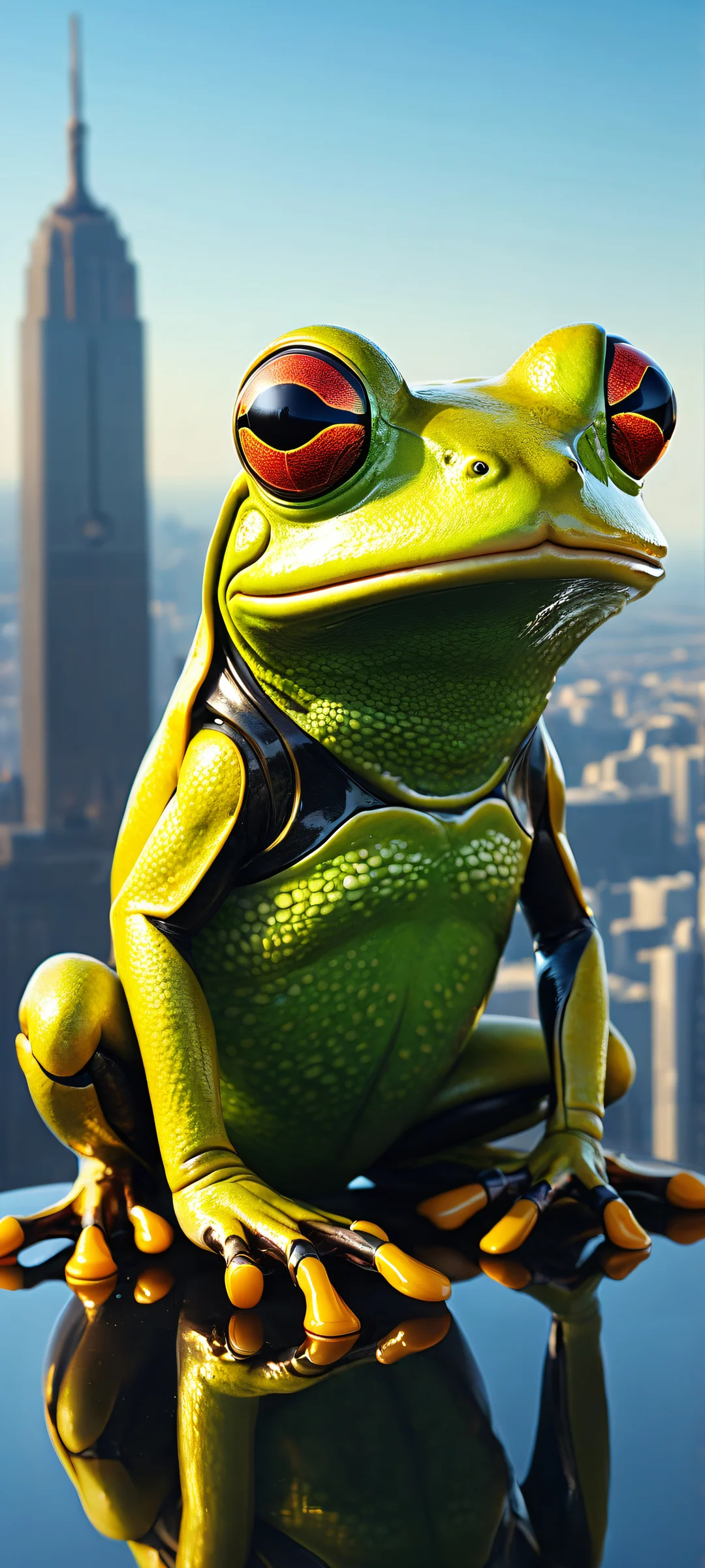 A mechanical frog sits atop a city skyline, iPhone and Android wallpapers featuring intricate details and ethereal lighting.