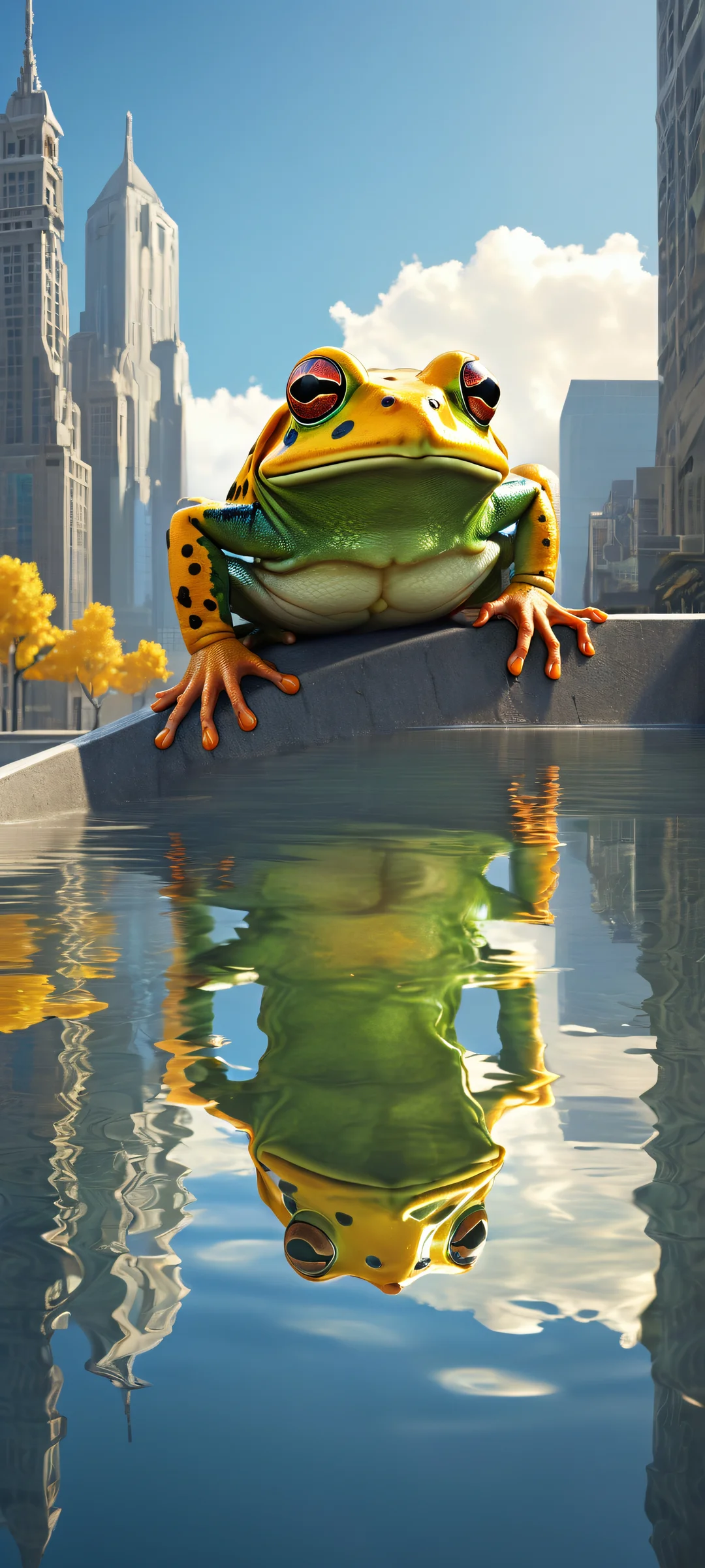 A mechanical frog sits peacefully in a serene urban setting with modern city skyline, children fishing by the water's edge, and a cloudy sky above. Perfectly optimized for iPhone and Android home screens.