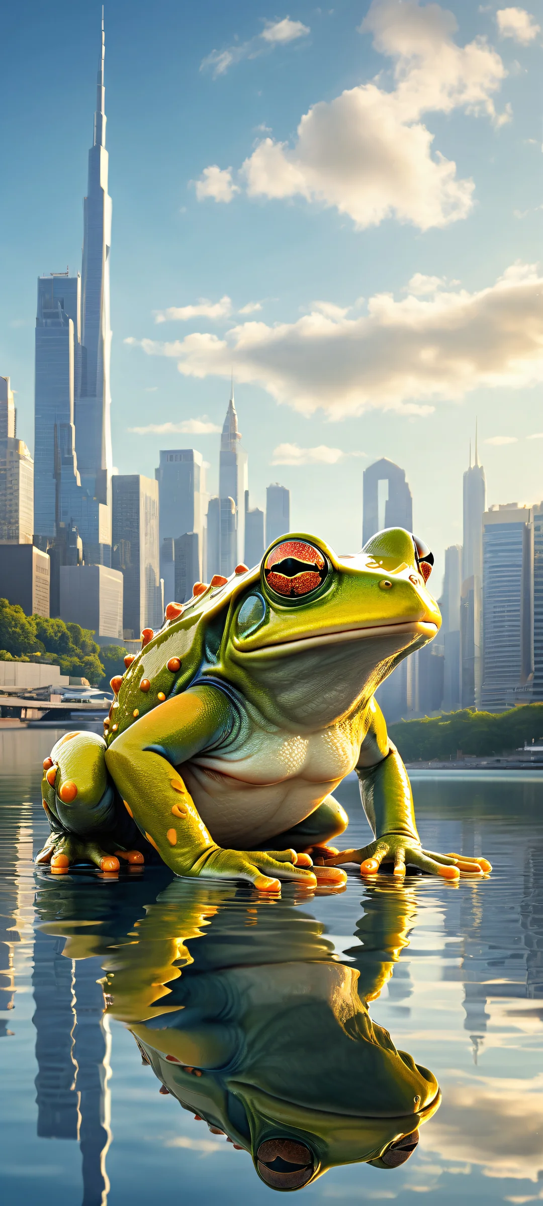 iPhone and Android users will love this breathtaking digital art of a mechanical frog in a serene urban setting with a stunning city skyline, water's edge, and cloud-filled sky.