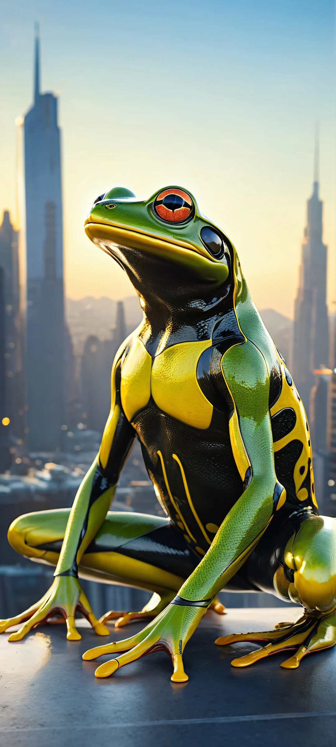 A mechanical frog perched amidst a futuristic cityscape with iPhone/Android
