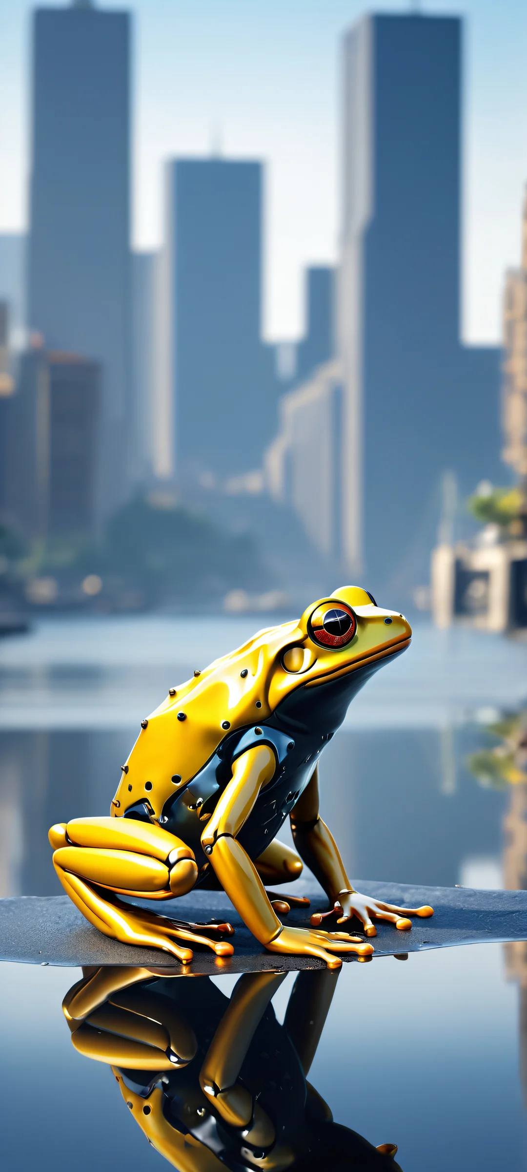A mechanical frog sits amidst a serene urban setting with two children fishing by the water's edge and a modern city skyline in the distance, perfekt optimiert für iPhone/Android-Startbildschirme.