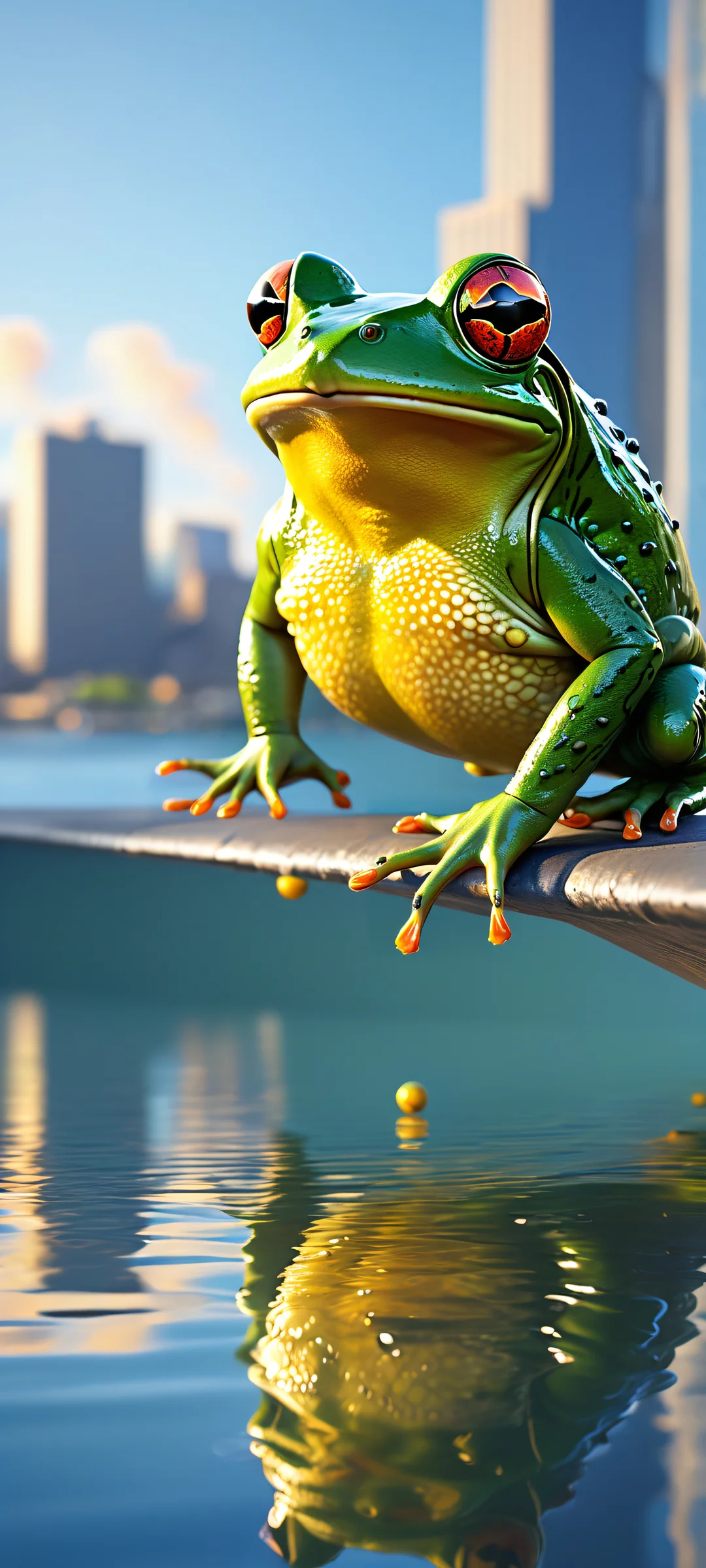 A mechanical frog sits in a modern cityscape with children fishing by the water's edge, on an iPhone or Android home screen.