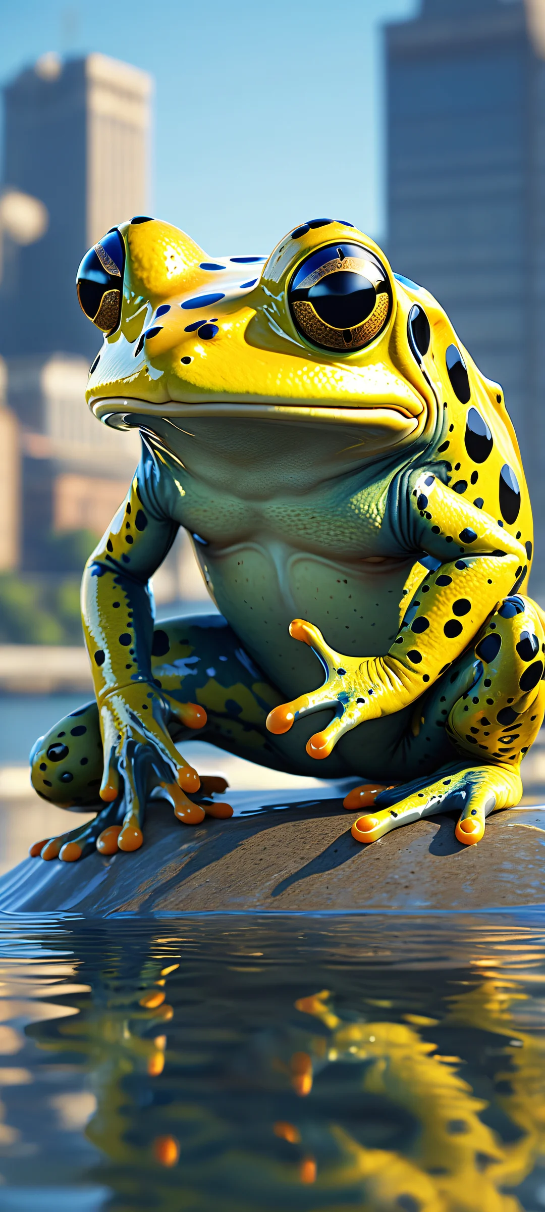 A mechanical frog sits in the city skyline with children fishing below. Perfect for iPhone/Android home screens.