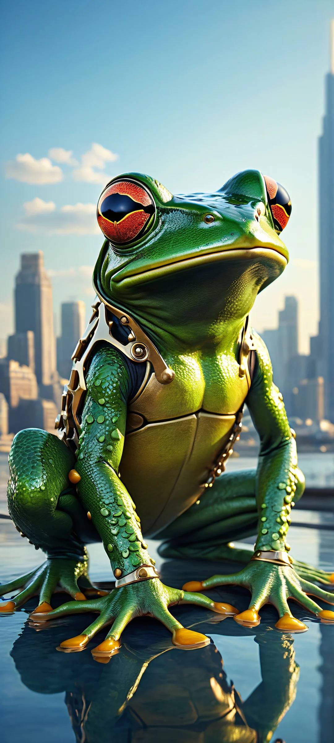 A mechanical frog sits in a serene oasis, surrounded by the city skyline and children fishing. Perfect for iPhone/Android home screens.