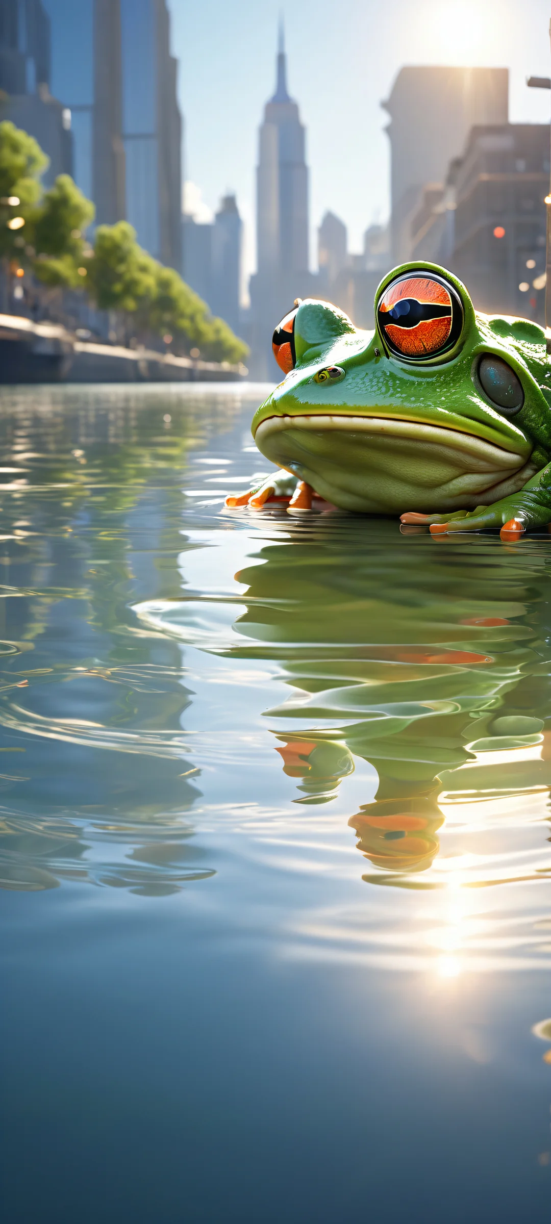 A mechanical frog sits in the lower-middle with intricate details on a serene urban setting with children fishing by the water's edge against a modern city skyline, perfekt für iPhone/Android-Startbildschirme.