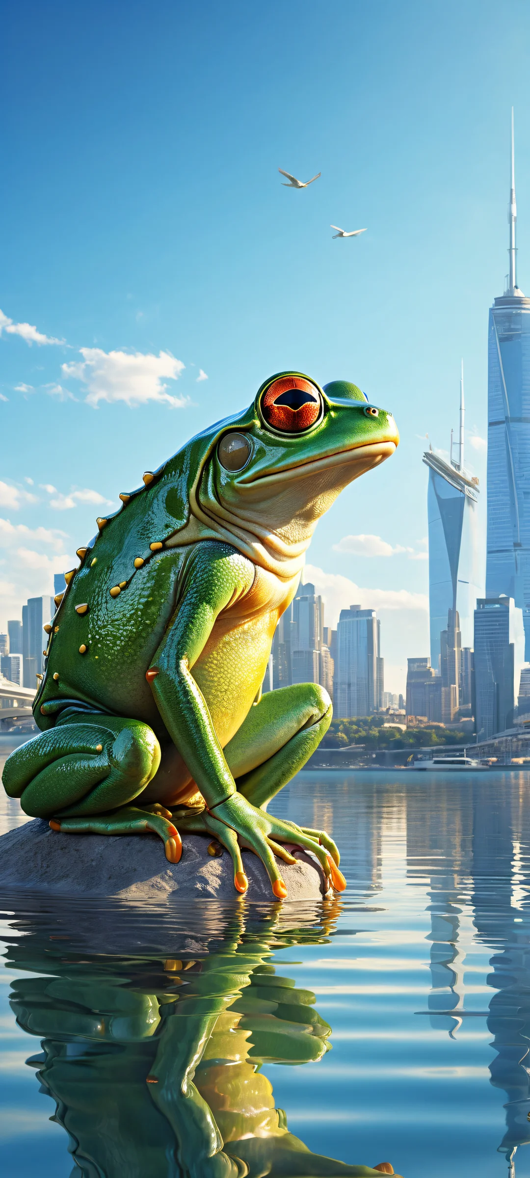 Mechanical frog placed in the lower-middle with intricate details on iPhone/Android