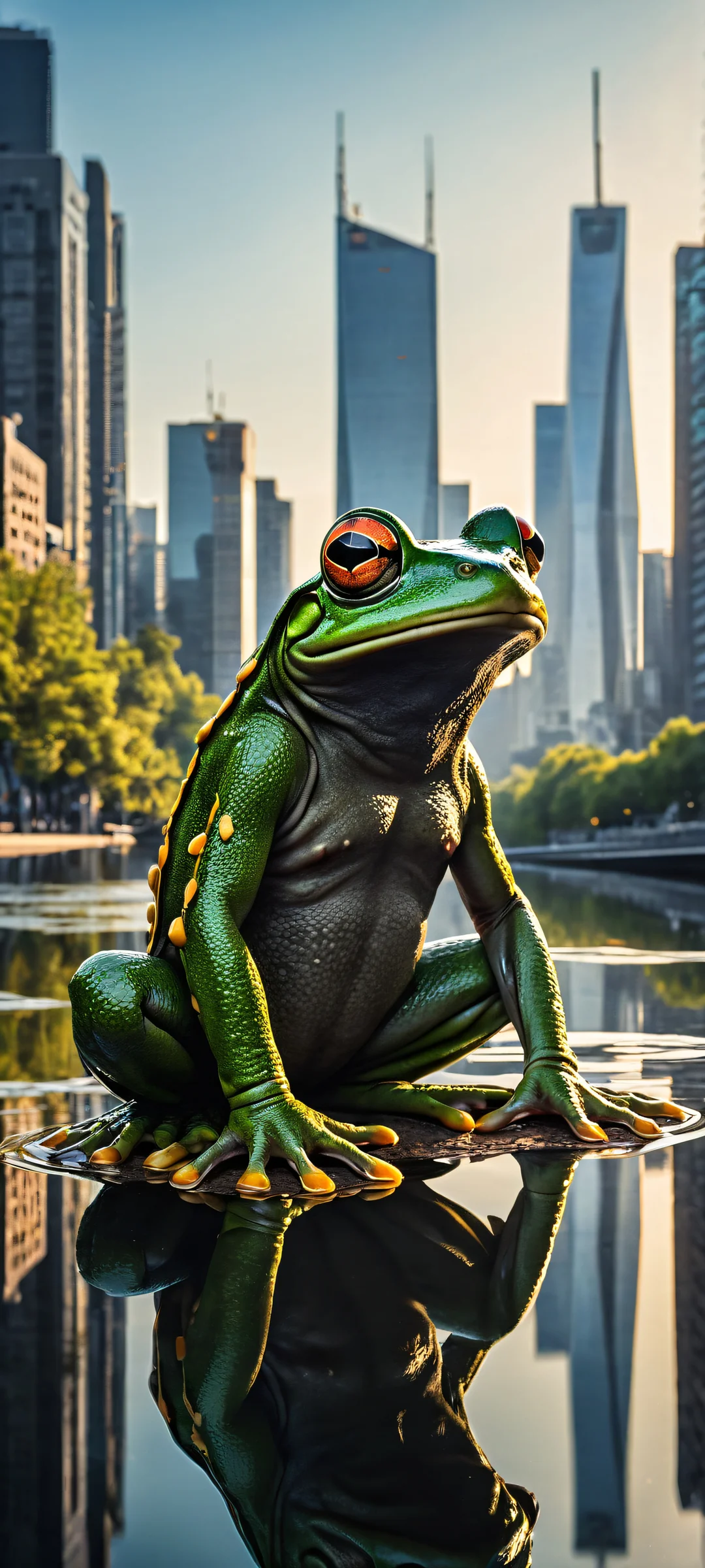 A mechanical frog sits in the city with children fishing by the water's edge. iPhone/Androïde