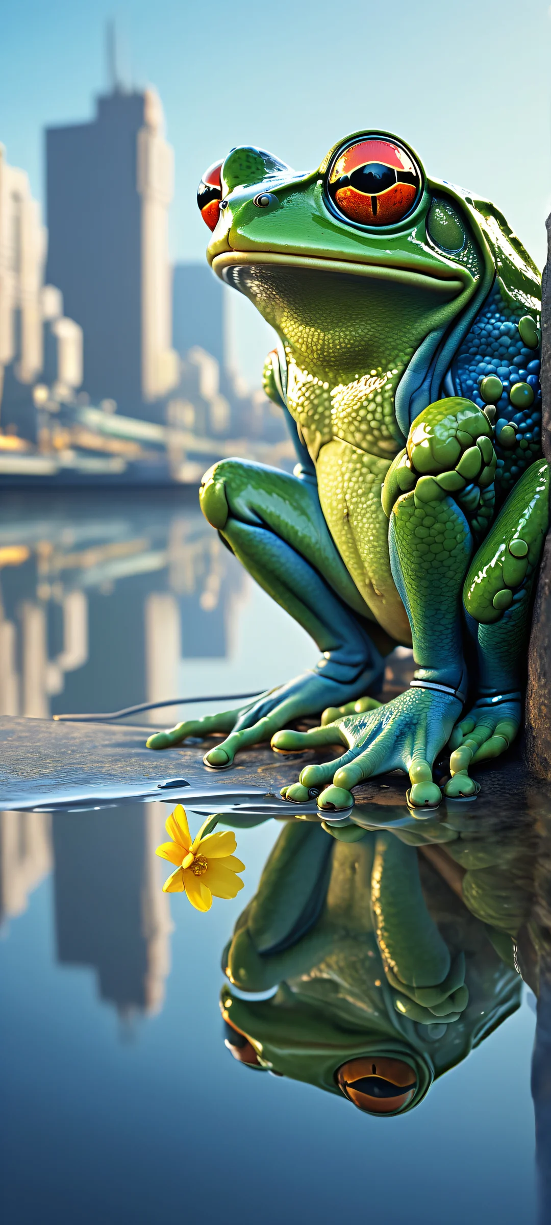 A mechanical frog amidst a peaceful urban setting on iPhone or Android. Soft light and vibrant colors create a stunning mobile wallpaper.