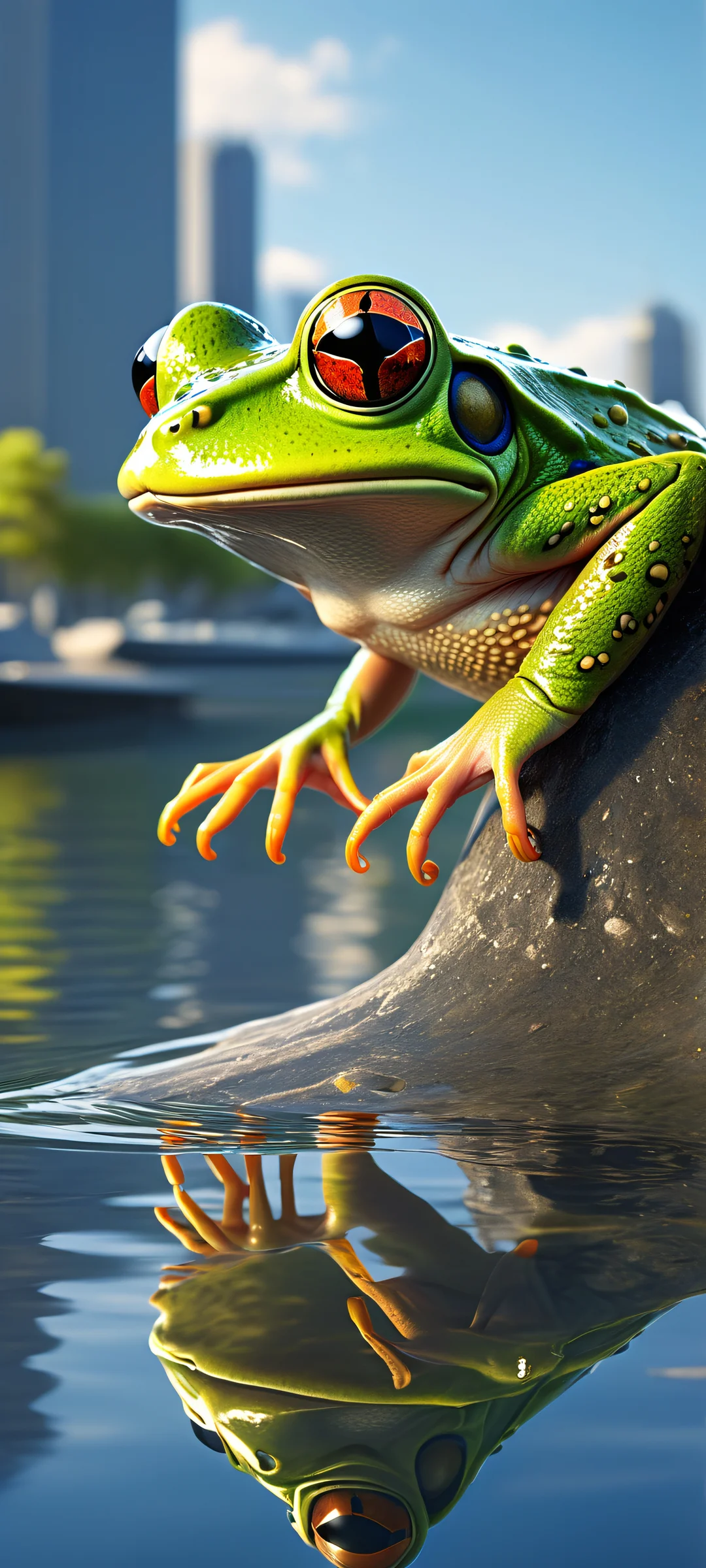 A mechanical frog sits amidst a serene urban setting on iPhone/Android