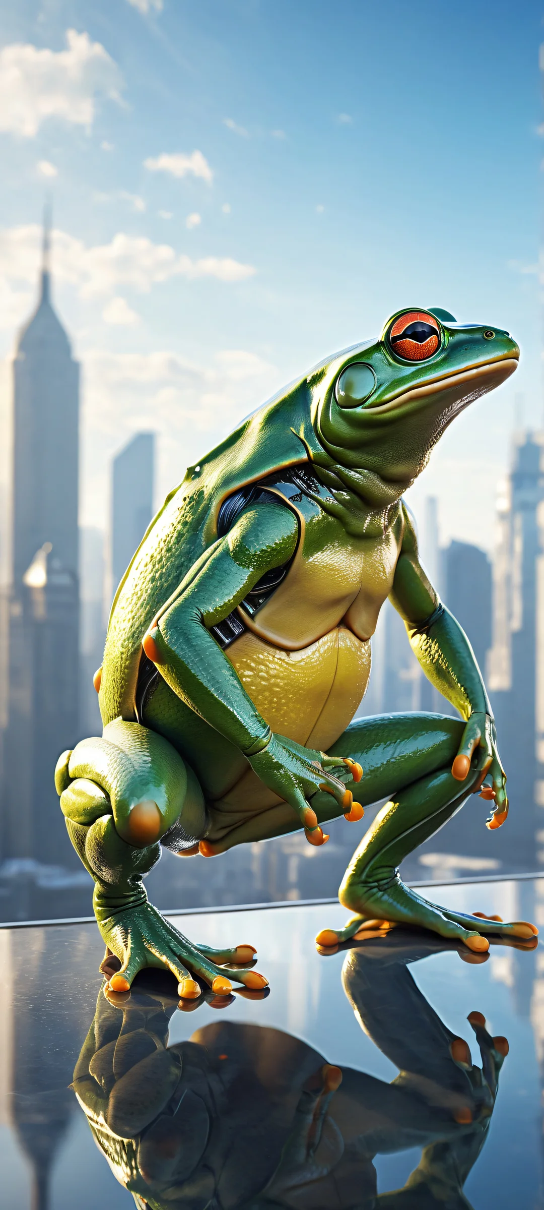 A mechanical frog perched on a modern city skyline against a cloudy sky. iPhone/Androïde.