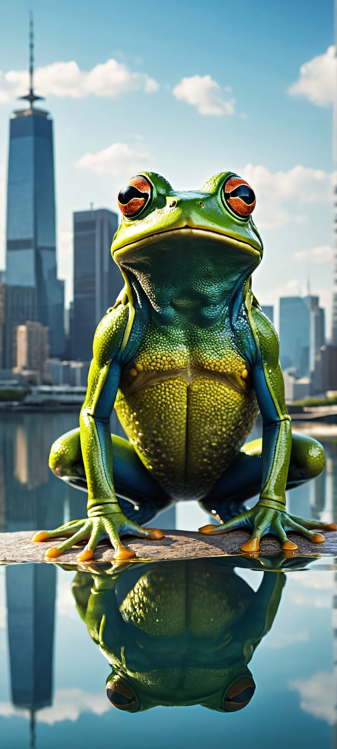 A mechanical frog sits amidst a serene urban setting with modern city skyline reflections on the water, blending nature and technology.
