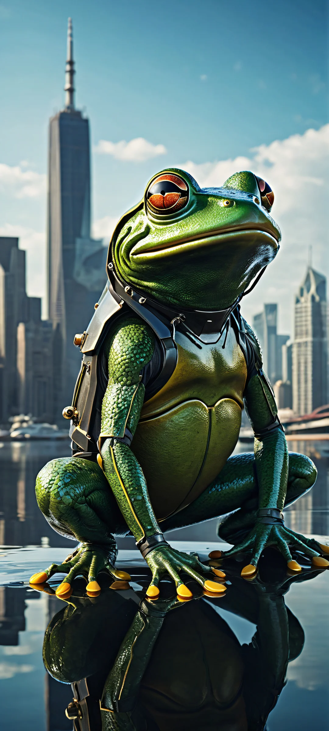 A mechanical frog sits in the lower-middle of a serene urban setting with a modern city skyline backdrop and children fishing by the water's edge, perfect for iPhone/Android home screens.