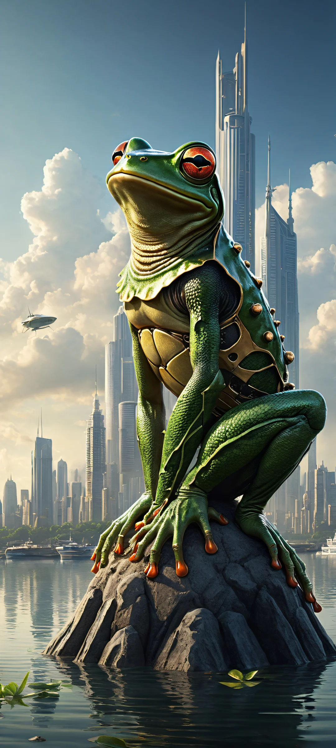 A mechanical frog sits in the lower-middle of a serene urban setting on iPhone/Android, with intricate micro-details and a stark contrast between its metallic joints and the city skyline.
