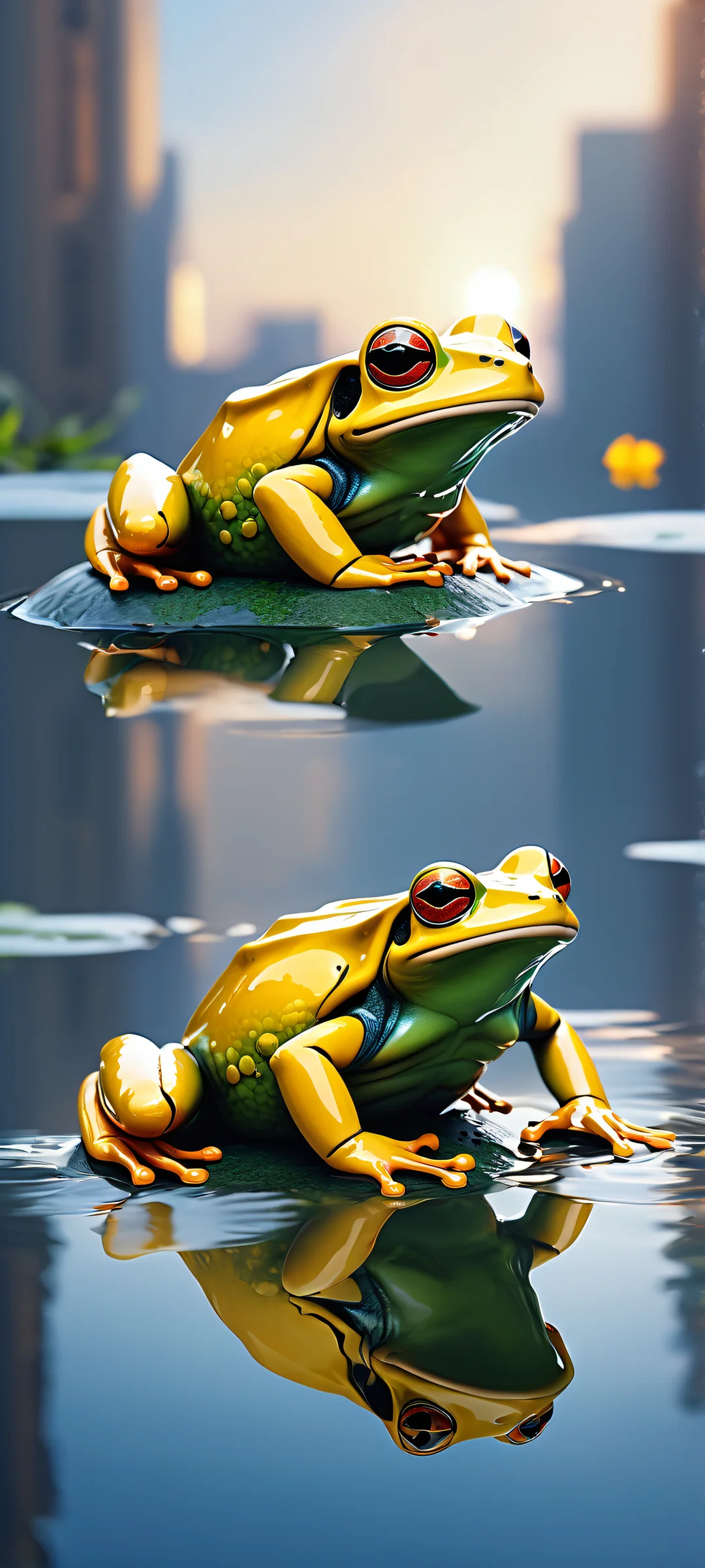 A mechanical frog stands proudly amidst the cityscape on your iPhone/Android home screen, with serene urban views and intricate details