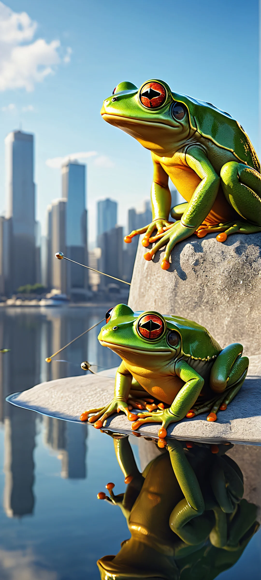 A mechanical frog sits amidst a serene urban setting with iPhone/Android users in mind, showcasing photorealistic rendering and depth of field focus.