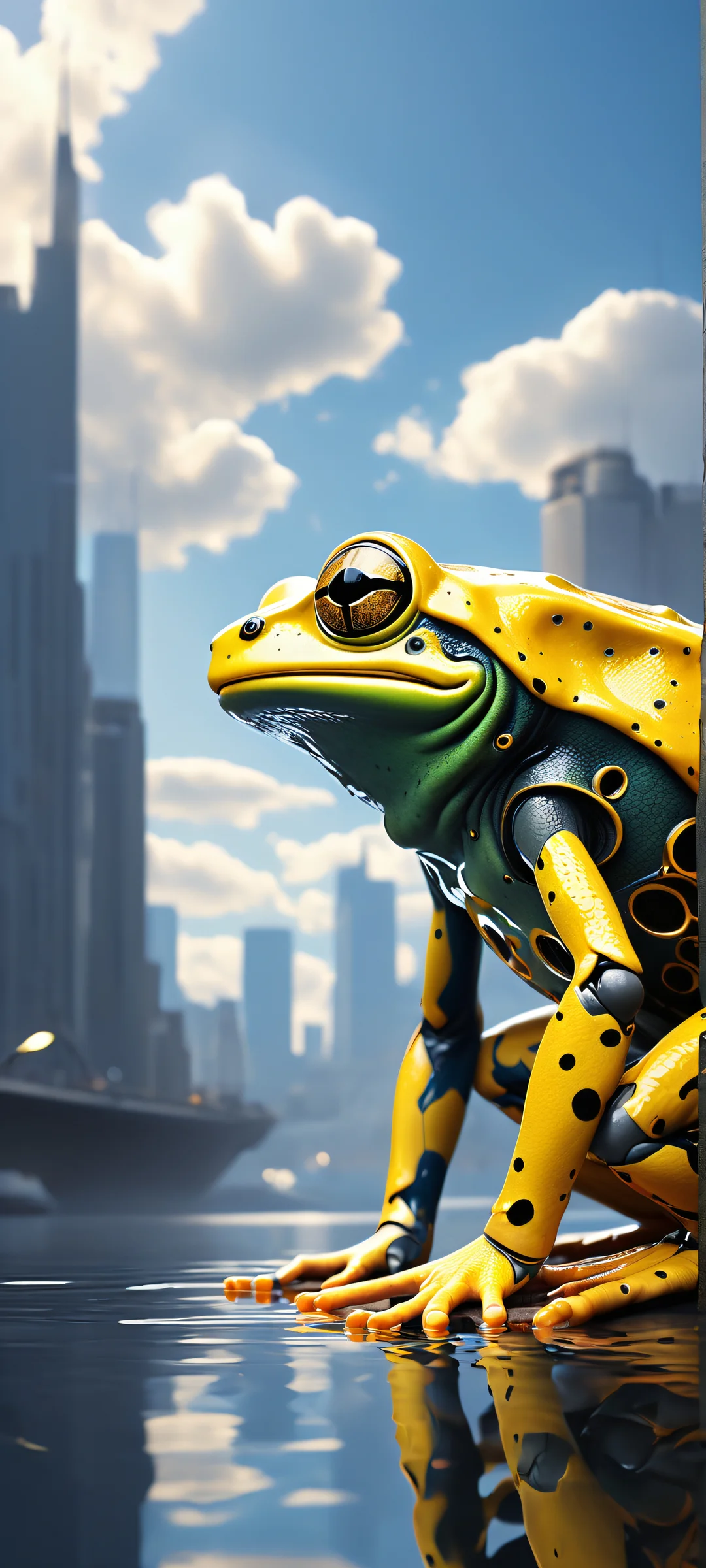 Award-winning digital art of a mechanical frog in an urban setting for iPhone/Android. Pristine clarity and realistic rendering showcase intricate details.