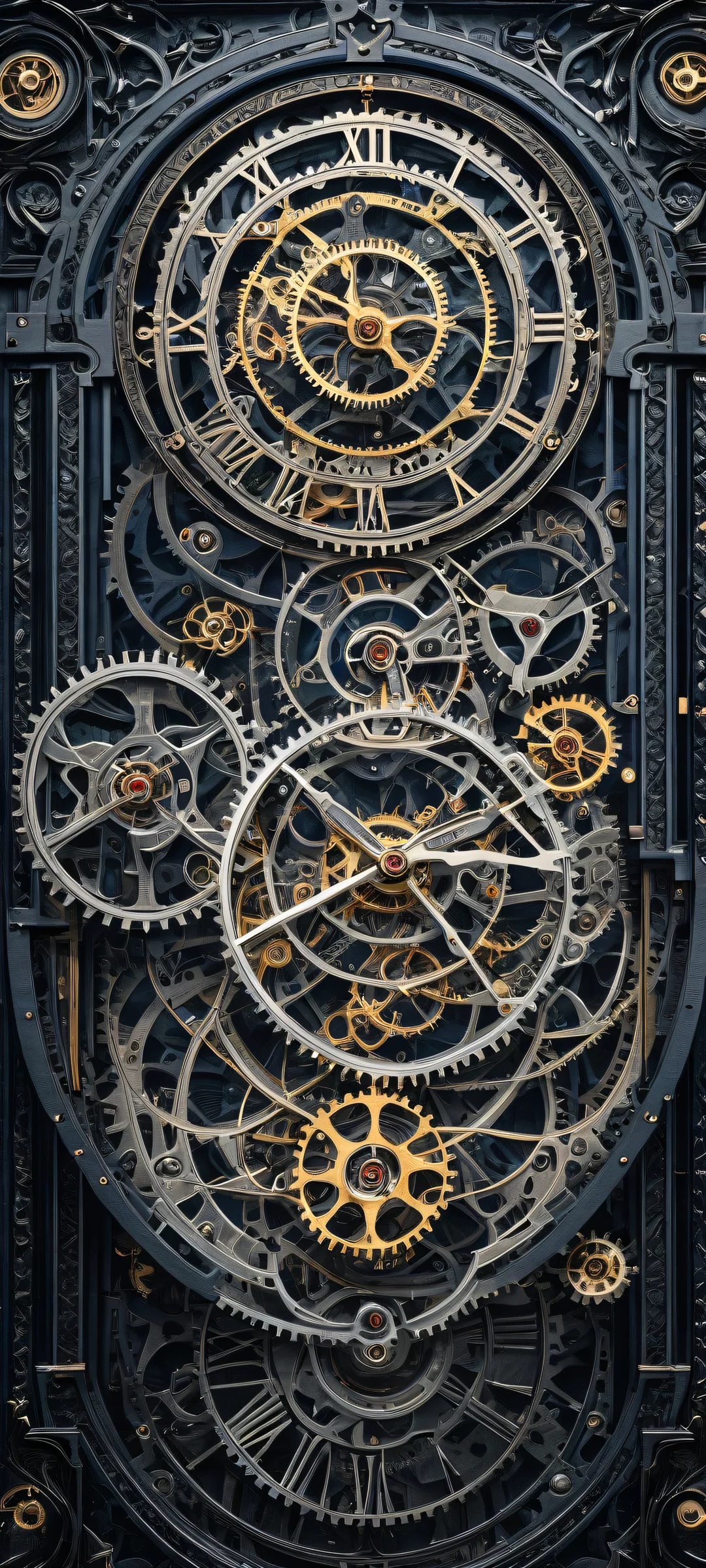 Mechanical Harmony QHD Smartphone Background A beautifully crafted mechanical clockwork device sits prominently on a dark background with iPhone/Android devices in mind, offering stunning visual impact and elegant luminescent accents.